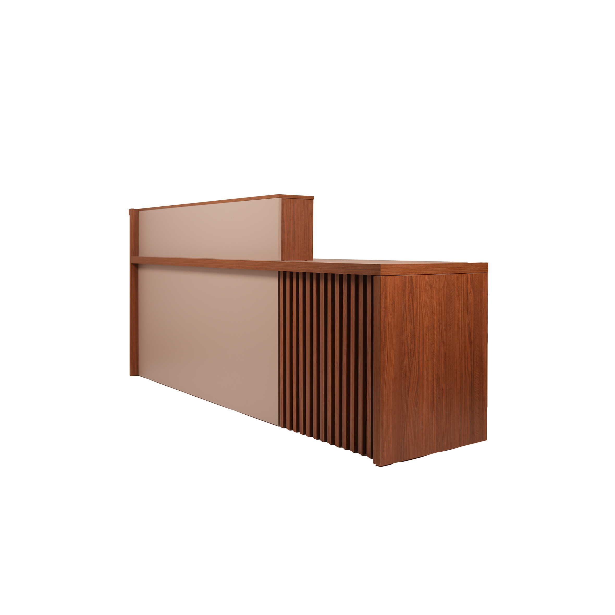 Sleek reception desk with wooden panels and vertical slats. The modern design features a light beige front and rich wood tones, conveying professionalism.