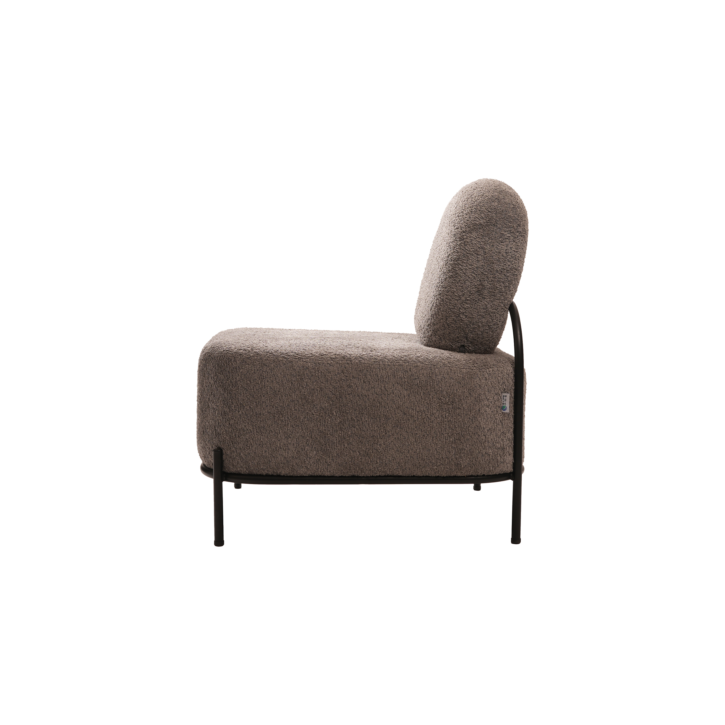 Contemporary sofa with plush brown fabric, rounded backrest, and sleek black metal legs. Minimalist design conveys comfort and modern elegance.