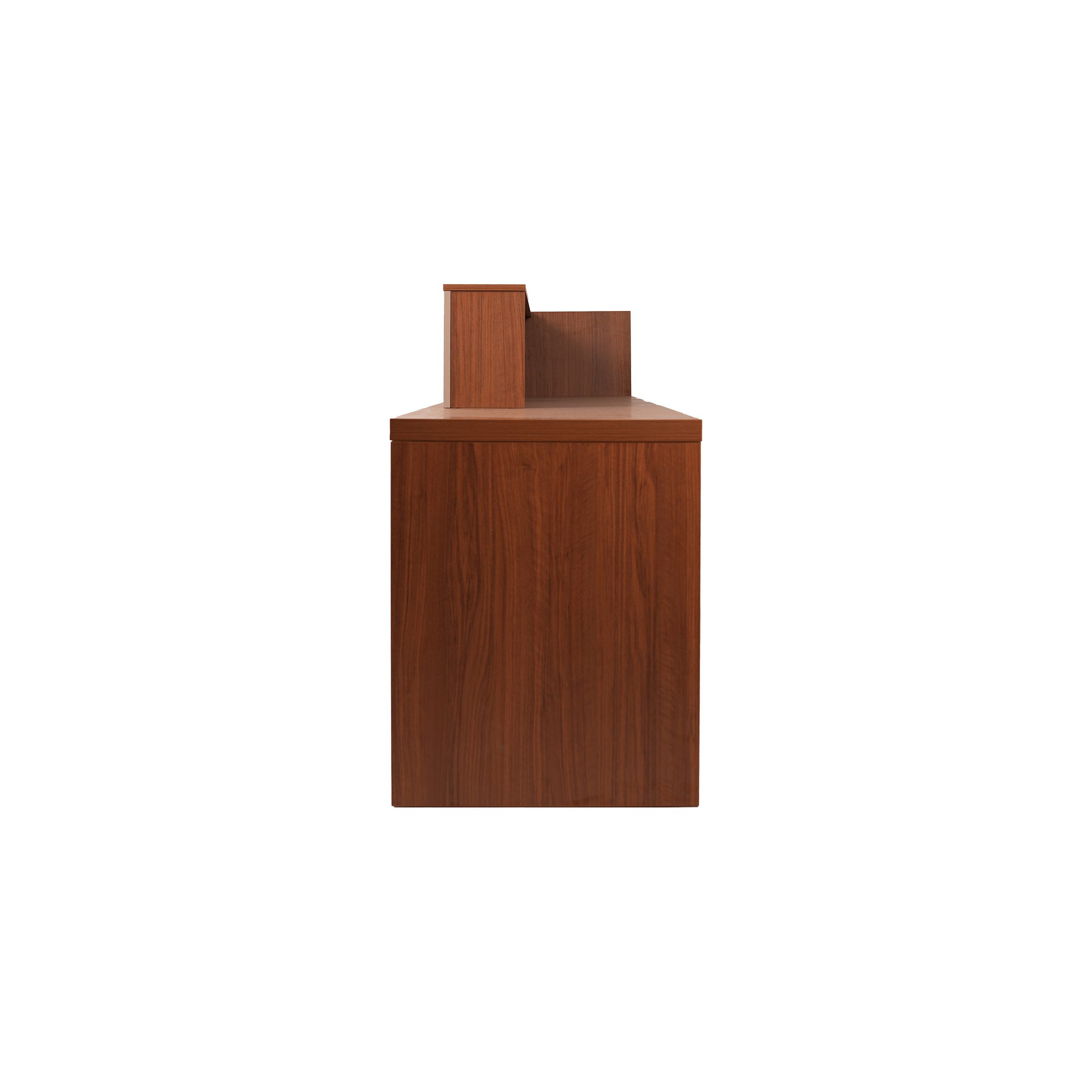 Sleek reception desk with wooden panels and vertical slats. The modern design features a light beige front and rich wood tones, conveying professionalism.