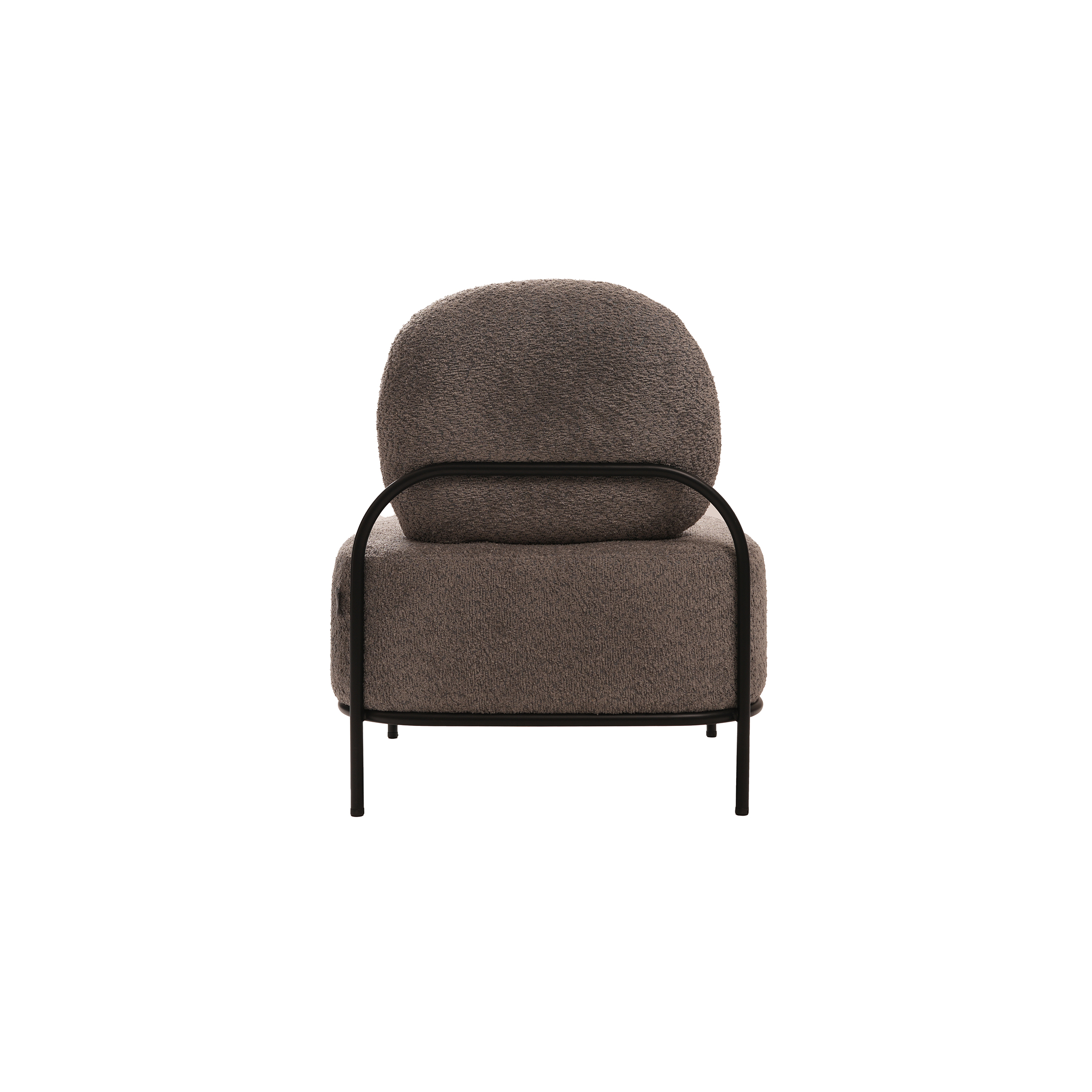 Contemporary sofa with plush brown fabric, rounded backrest, and sleek black metal legs. Minimalist design conveys comfort and modern elegance.