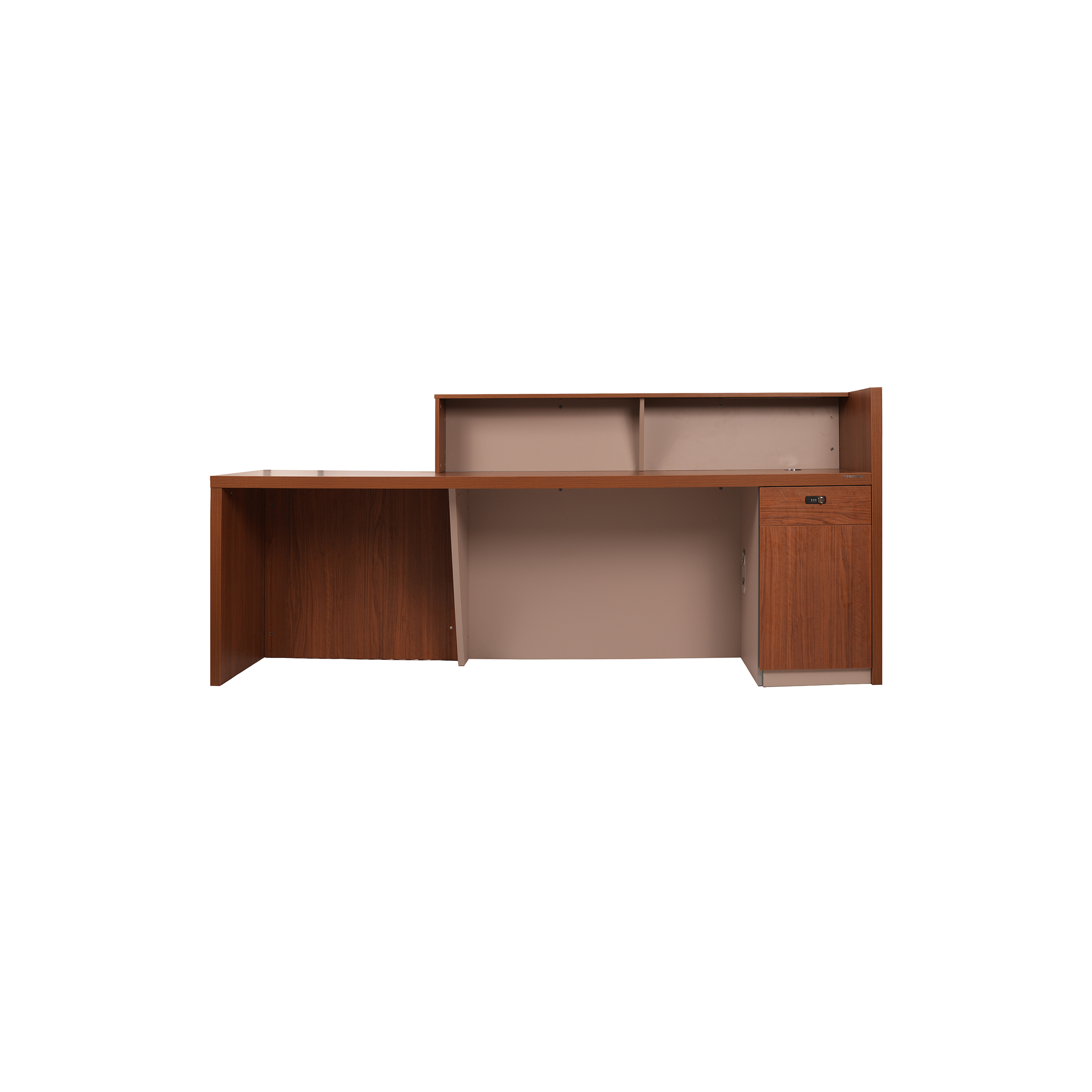 Sleek reception desk with wooden panels and vertical slats. The modern design features a light beige front and rich wood tones, conveying professionalism.