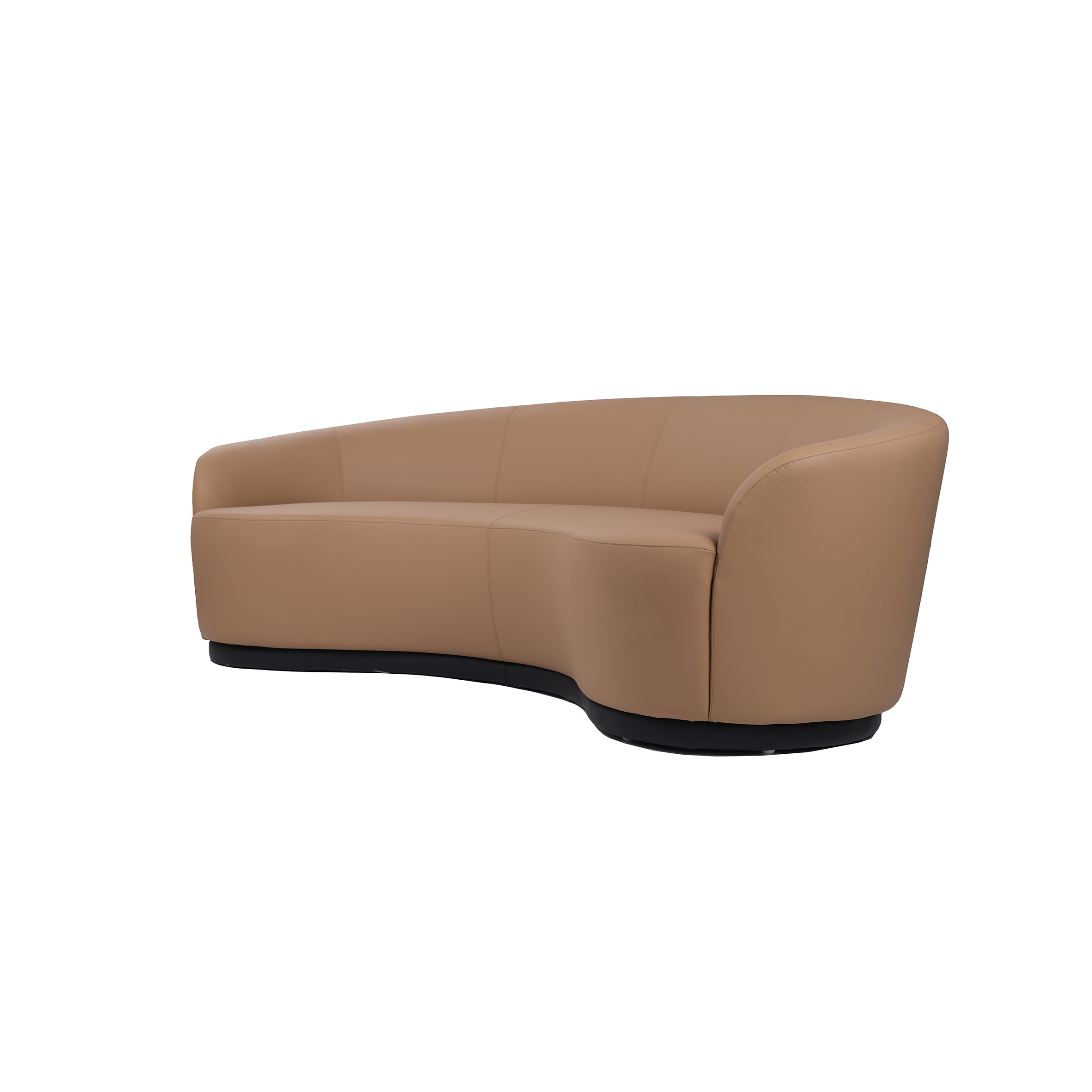 Curved tan leather sofa with smooth upholstery, sleek lines, and a modern, minimalist design on a dark base. Conveys luxury and comfort.