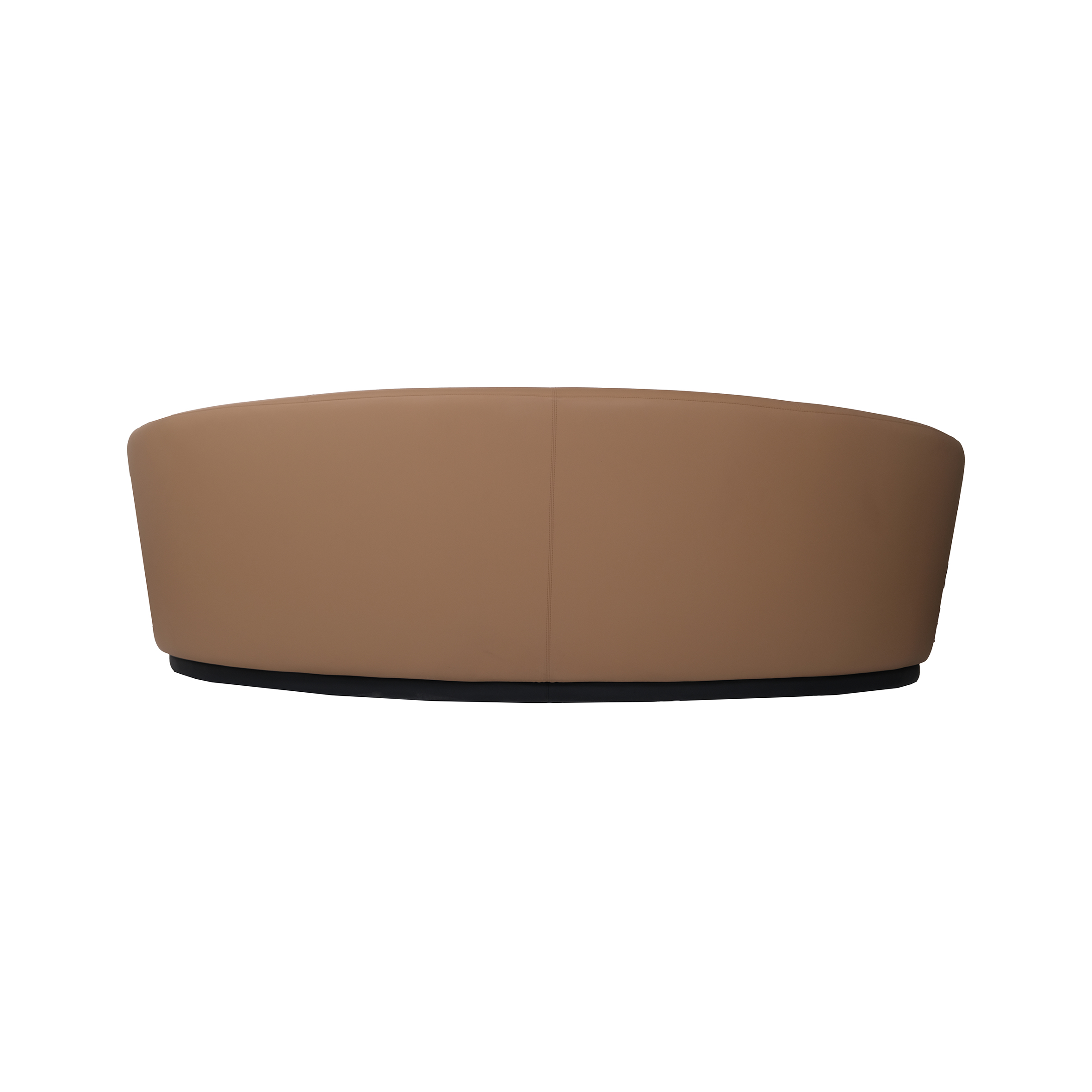 Curved tan leather sofa with smooth upholstery, sleek lines, and a modern, minimalist design on a dark base. Conveys luxury and comfort.