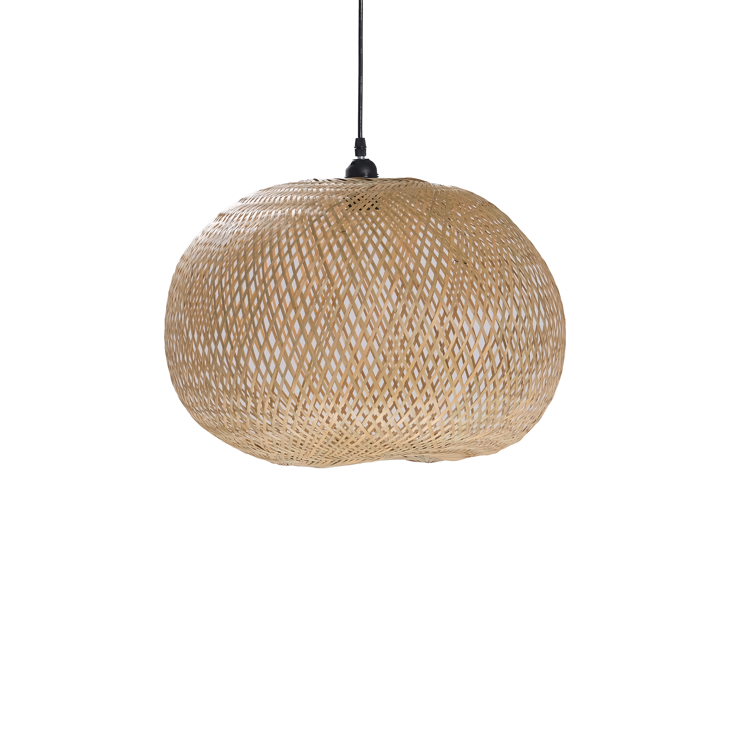 A round, woven rattan pendant light with a crisscross pattern hangs from a black cord against a plain white background, conveying a minimalist, natural tone.