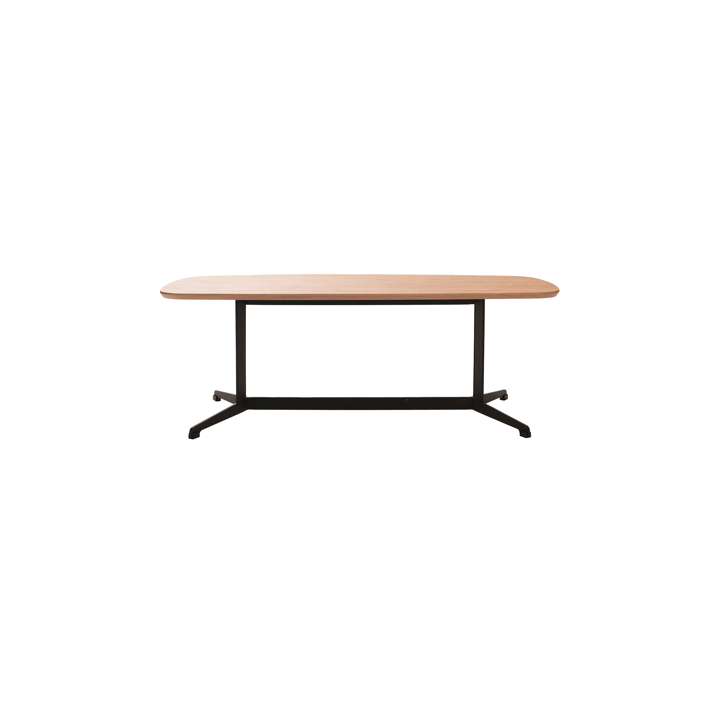 Wooden oval table with a natural finish, supported by a sleek black metal frame, creating a modern and minimalist design.