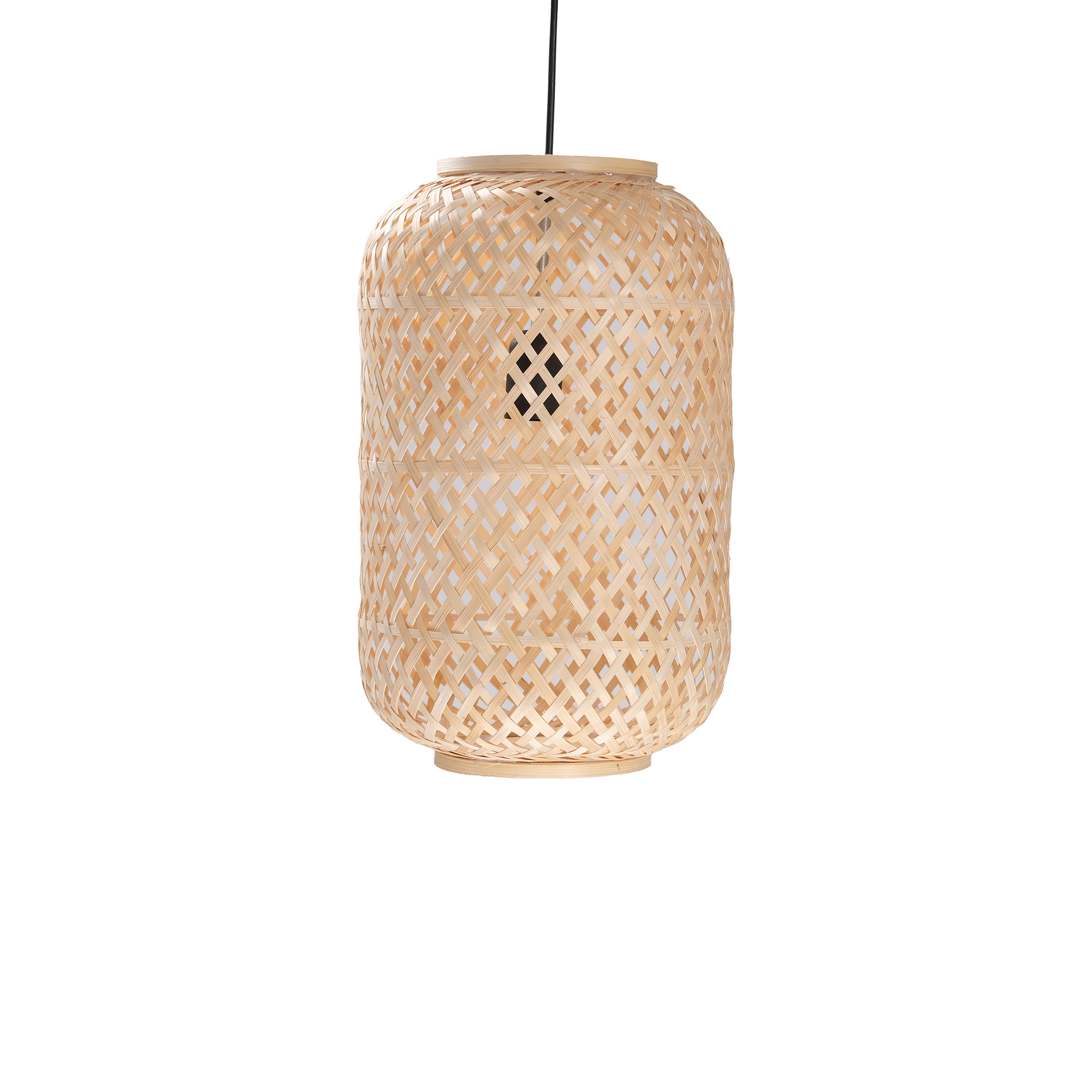 A beige, woven bamboo pendant lamp with a cylindrical shape hangs against a white background, creating a warm and natural ambiance.
