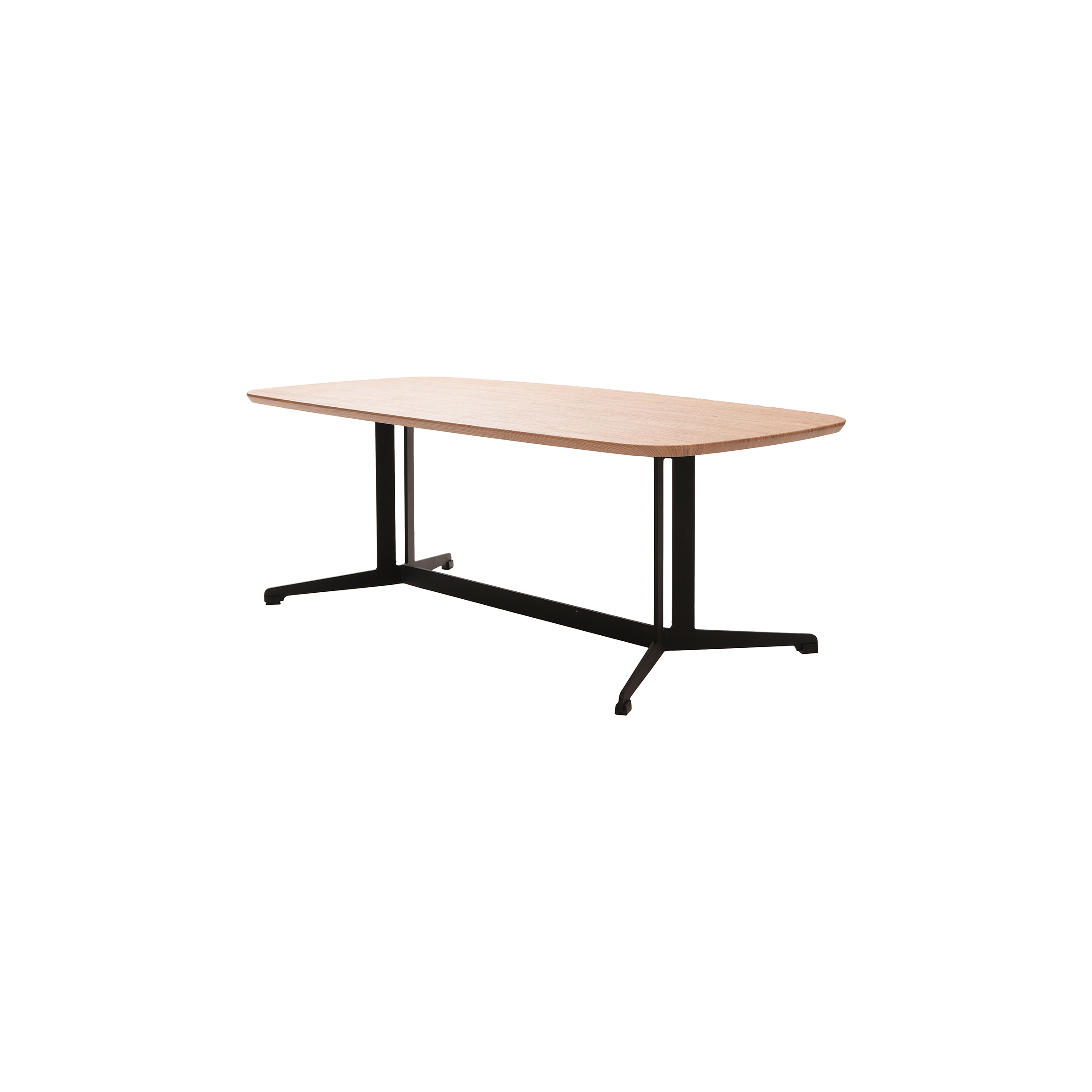 Wooden oval table with a natural finish, supported by a sleek black metal frame, creating a modern and minimalist design.