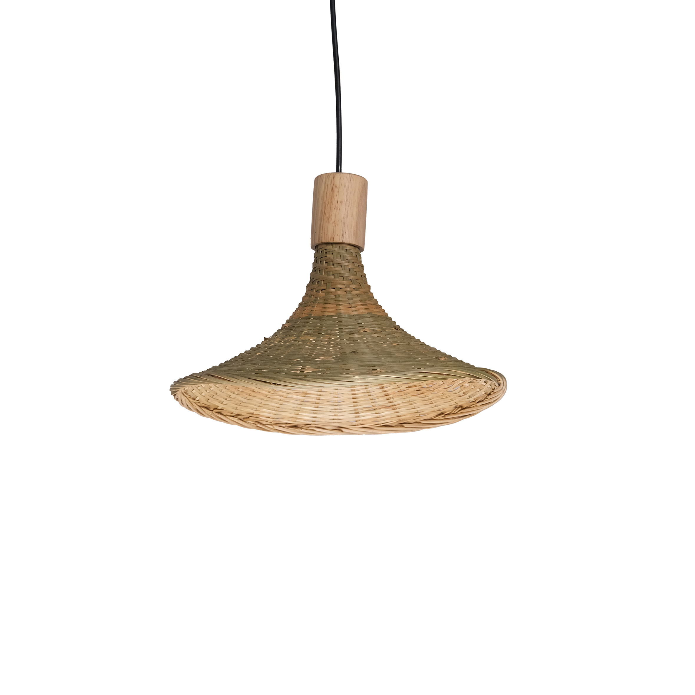 Hanging wicker lampshade with a conical shape, featuring natural woven texture. Wooden fixture at the top and black cord create a rustic, cozy ambiance.