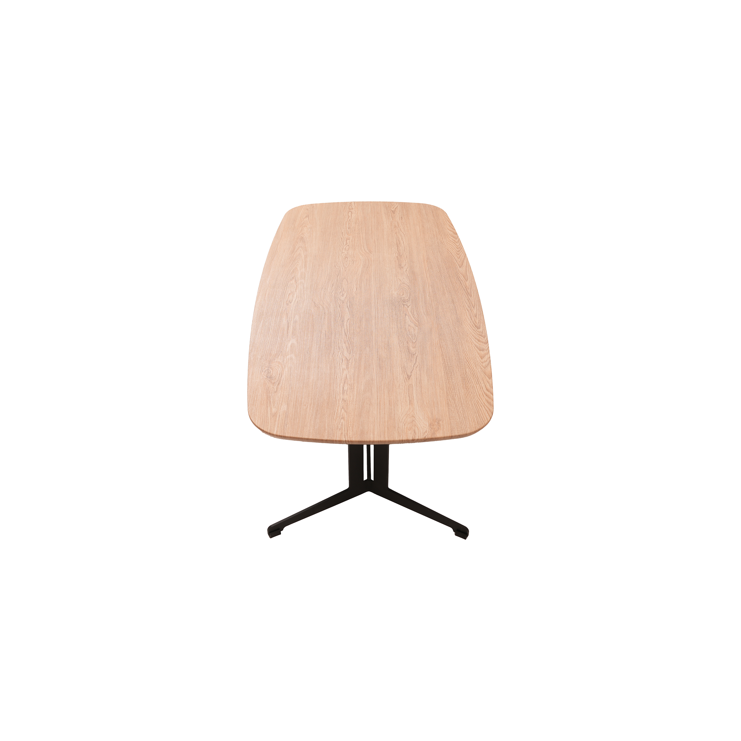 Wooden oval table with a natural finish, supported by a sleek black metal frame, creating a modern and minimalist design.