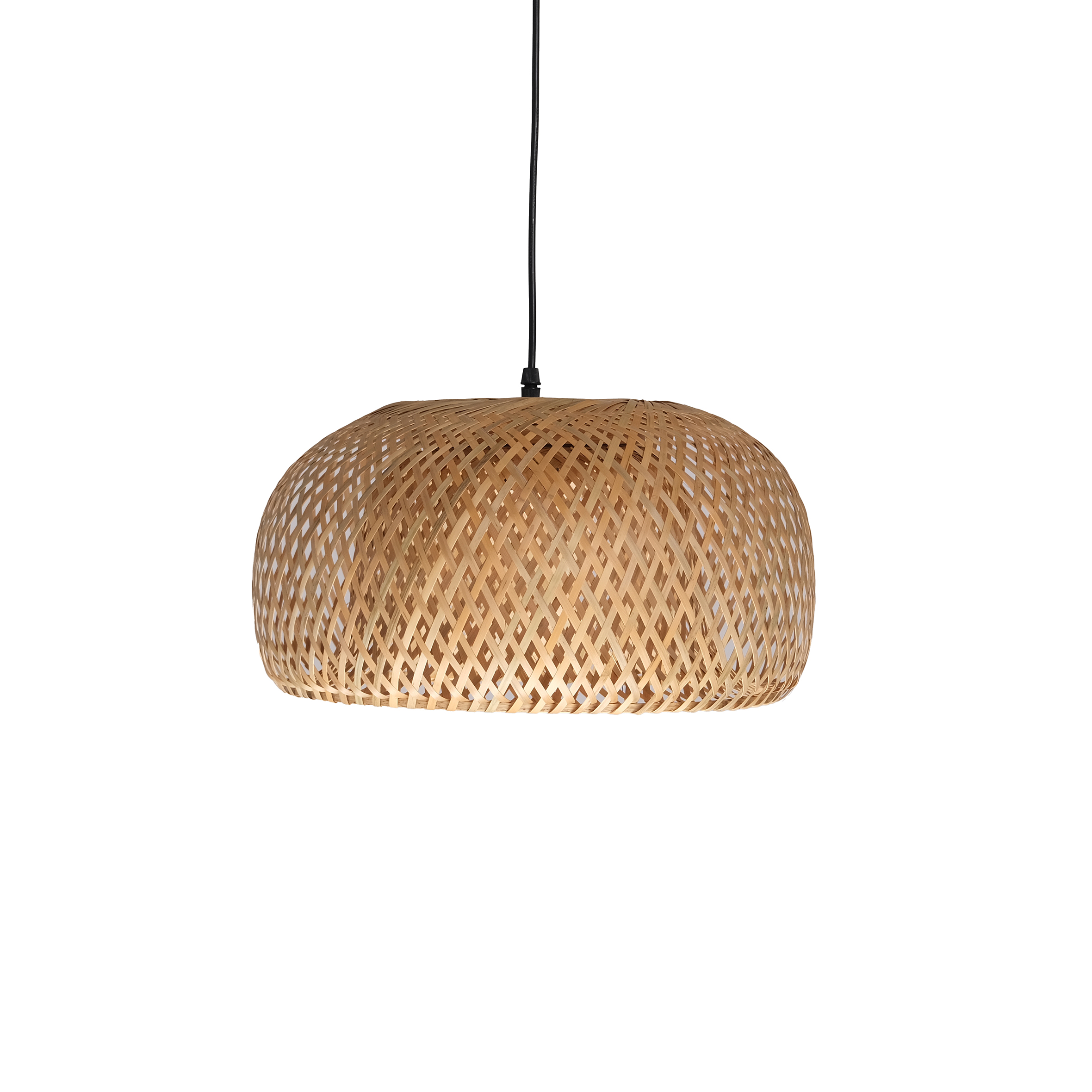 Woven rattan pendant lamp hanging from a black cord. The intricate lattice pattern creates a warm, cozy ambiance with a natural, rustic style.
