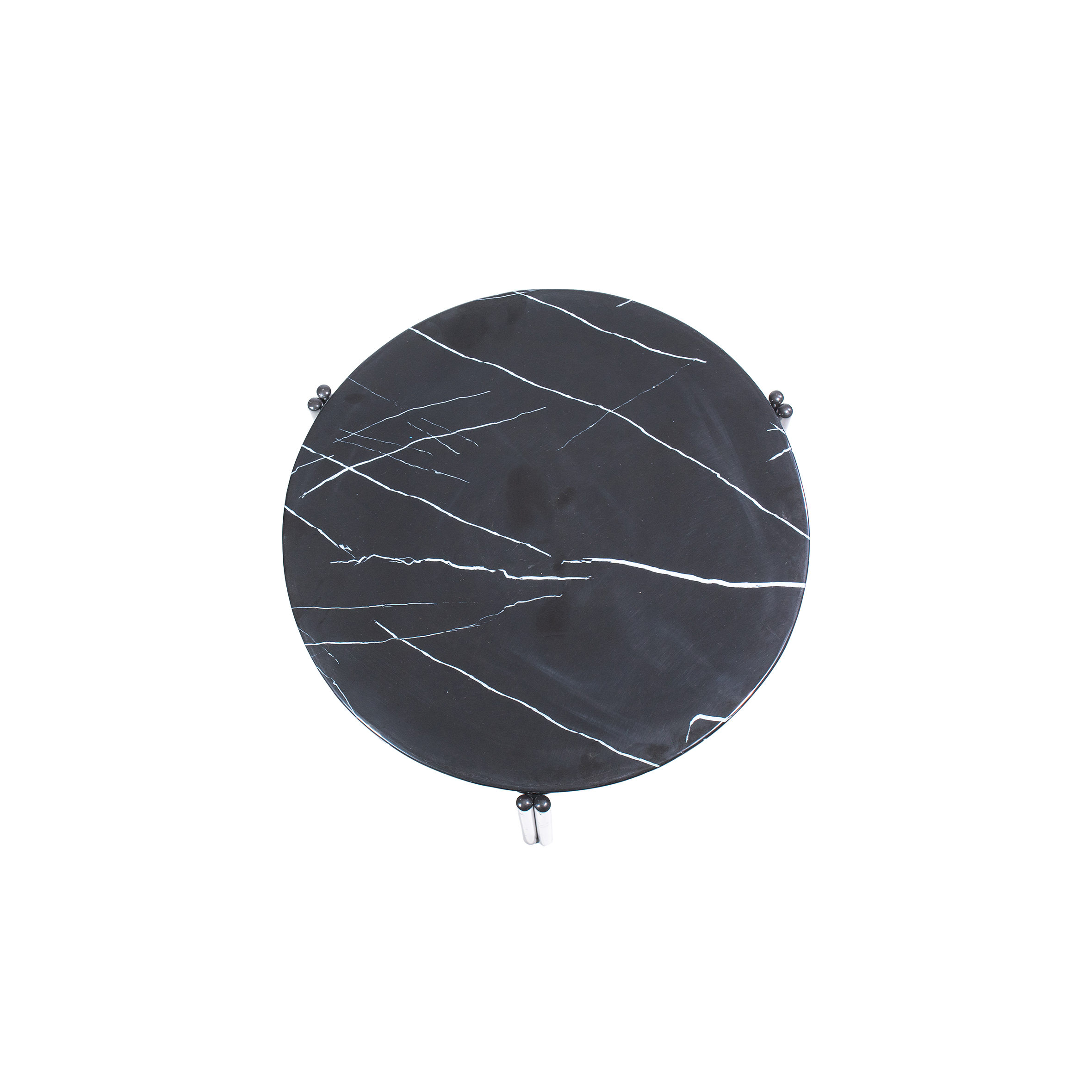 Round black marble coffee table with subtle white veining, supported by sleek, black metal legs. Modern and elegant design, simple yet stylish.