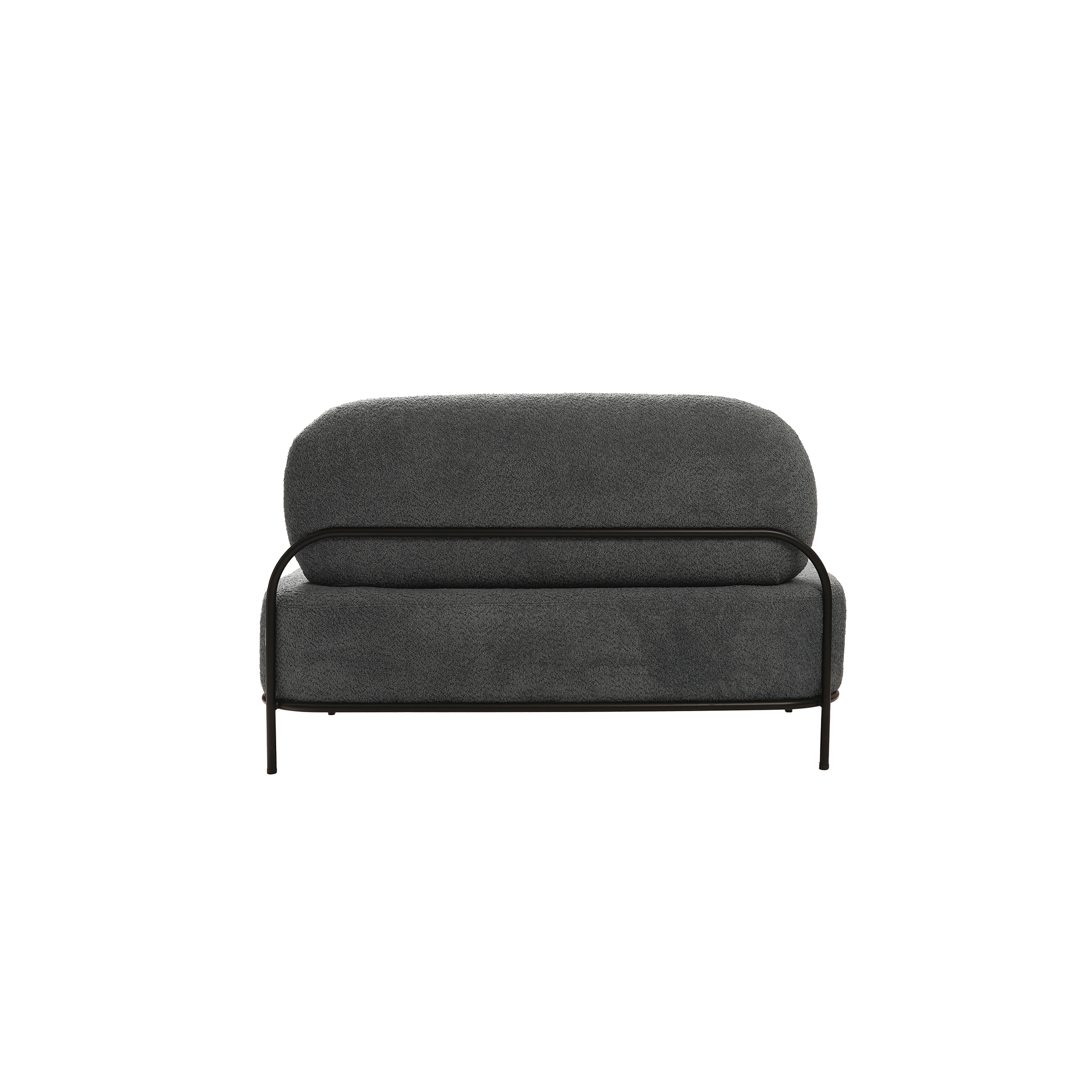 A modern loveseat with a curved design and plush gray upholstery. It has a minimalist black metal frame, conveying a sleek and contemporary feel.