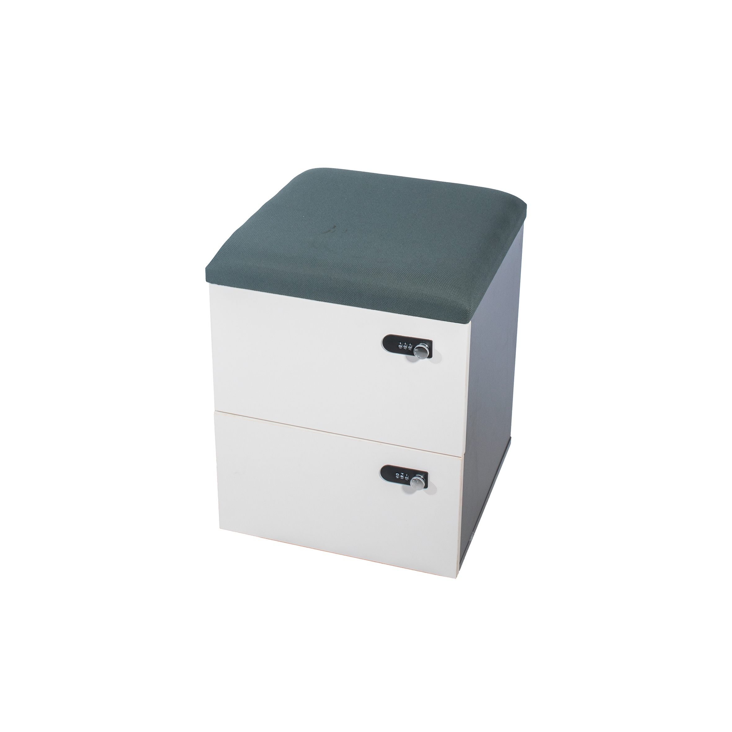 White rolling cabinet with a cushioned top, featuring two lockable drawers and wheels at the bottom. Sleek and modern design.