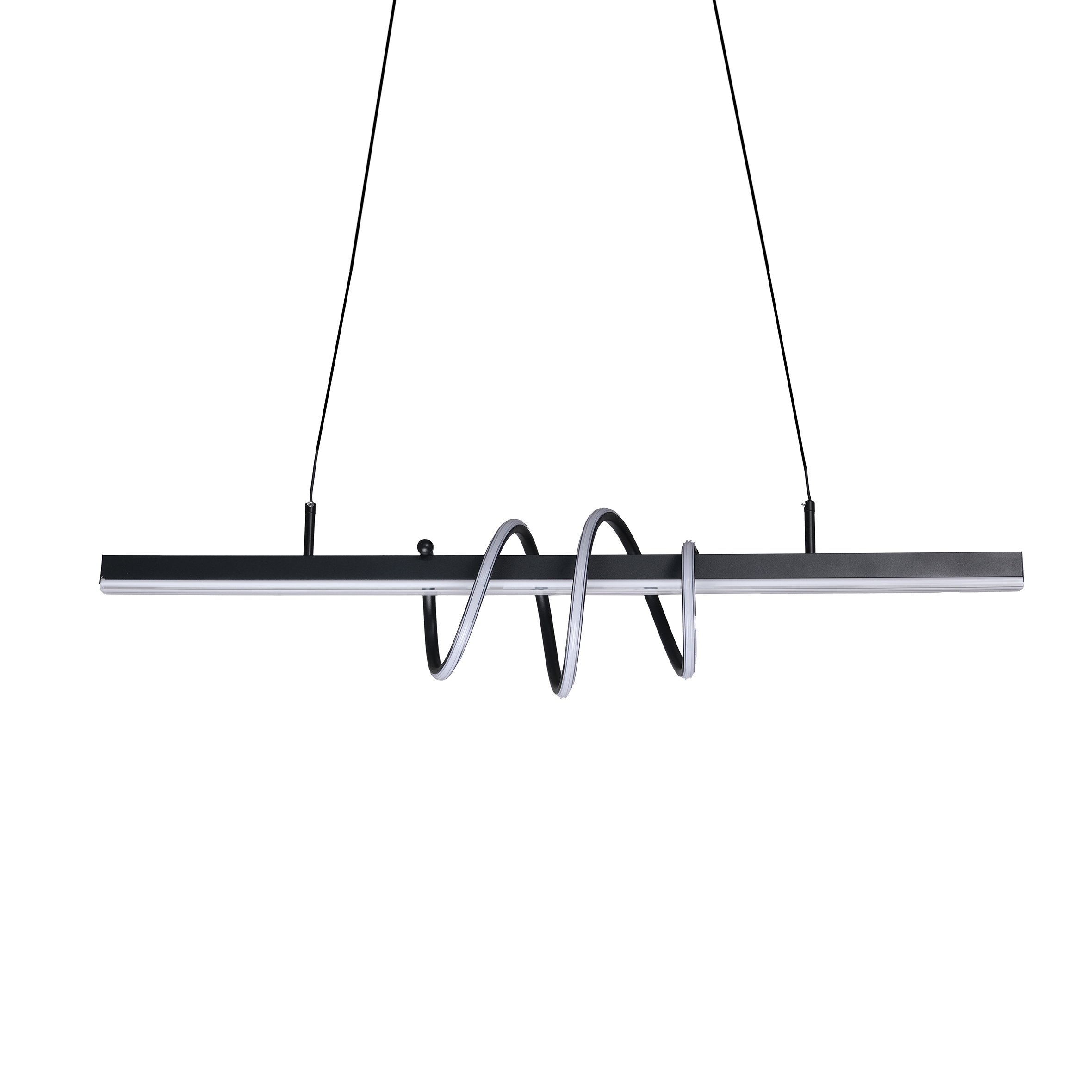 A modern black pendant light features a straight rod with a spiraling metal accent around it, suspended by two thin wires, creating a sleek, contemporary look.