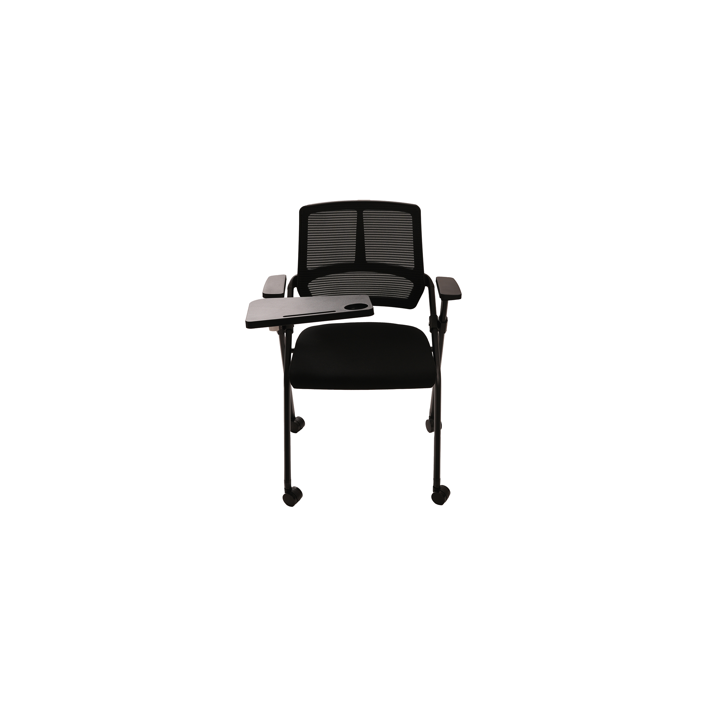 A black folding chair with wheels and a mesh backrest, featuring an attached foldable writing tablet on the left arm, set against a white background.