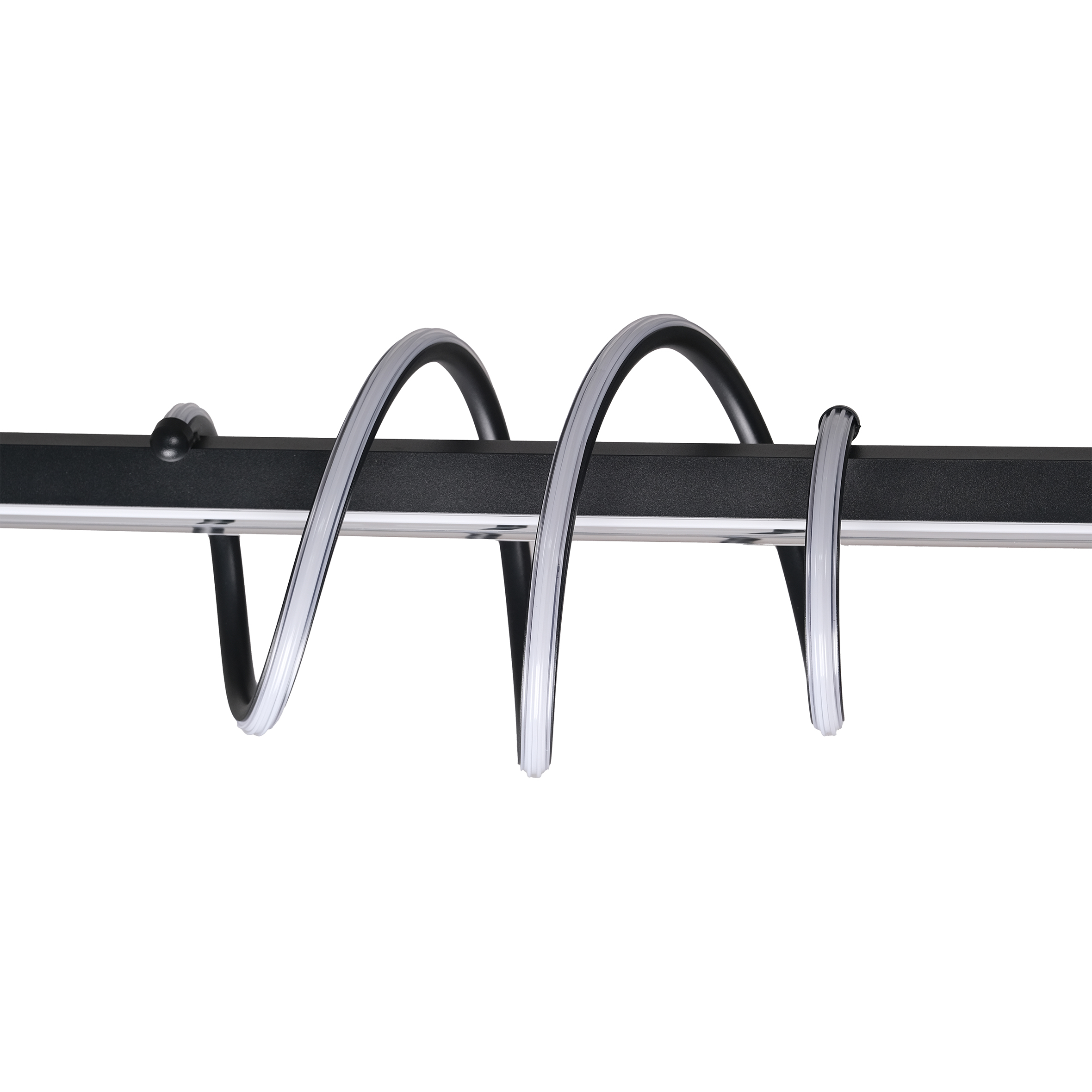A modern black pendant light features a straight rod with a spiraling metal accent around it, suspended by two thin wires, creating a sleek, contemporary look.