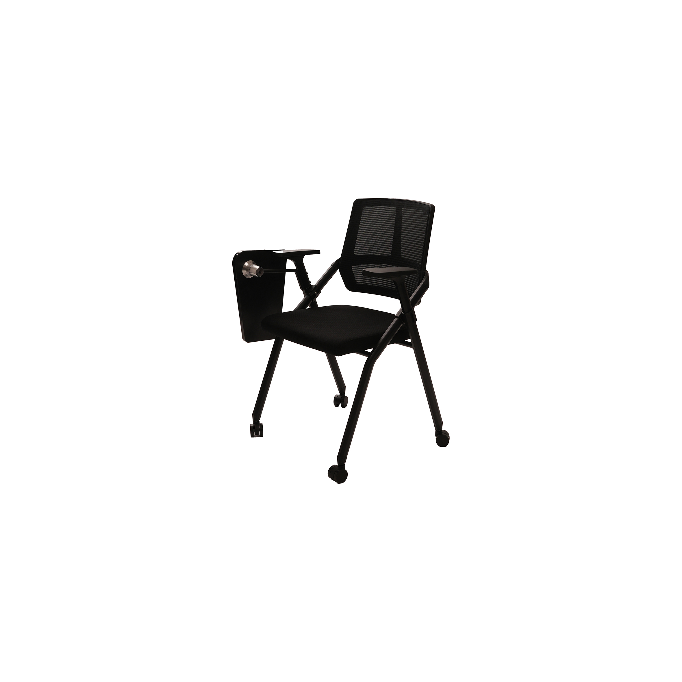 A black folding chair with wheels and a mesh backrest, featuring an attached foldable writing tablet on the left arm, set against a white background.