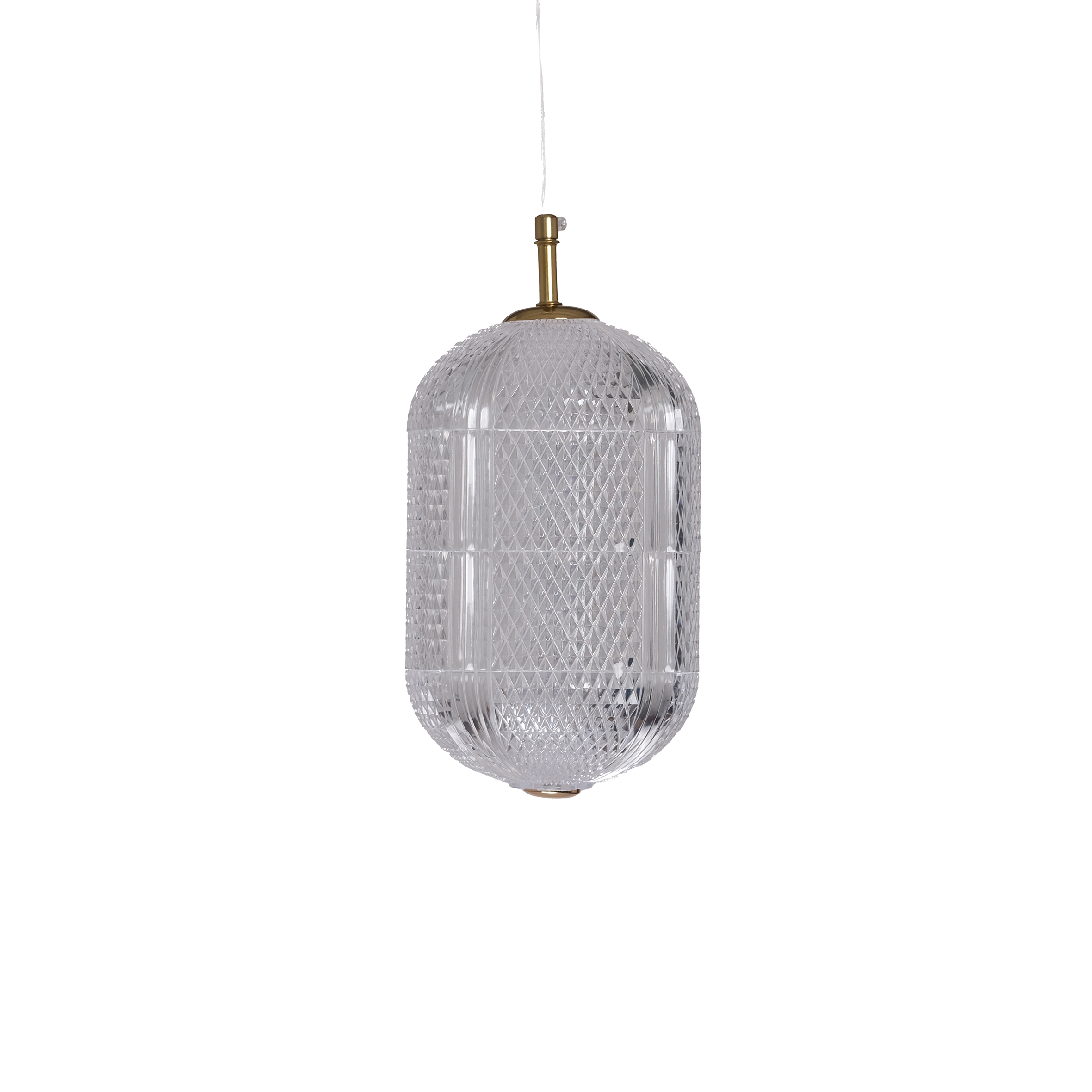 Hanging pendant light with a textured, clear glass shade featuring a diamond pattern. Brass fitting at the top adds a touch of elegance and sophistication.