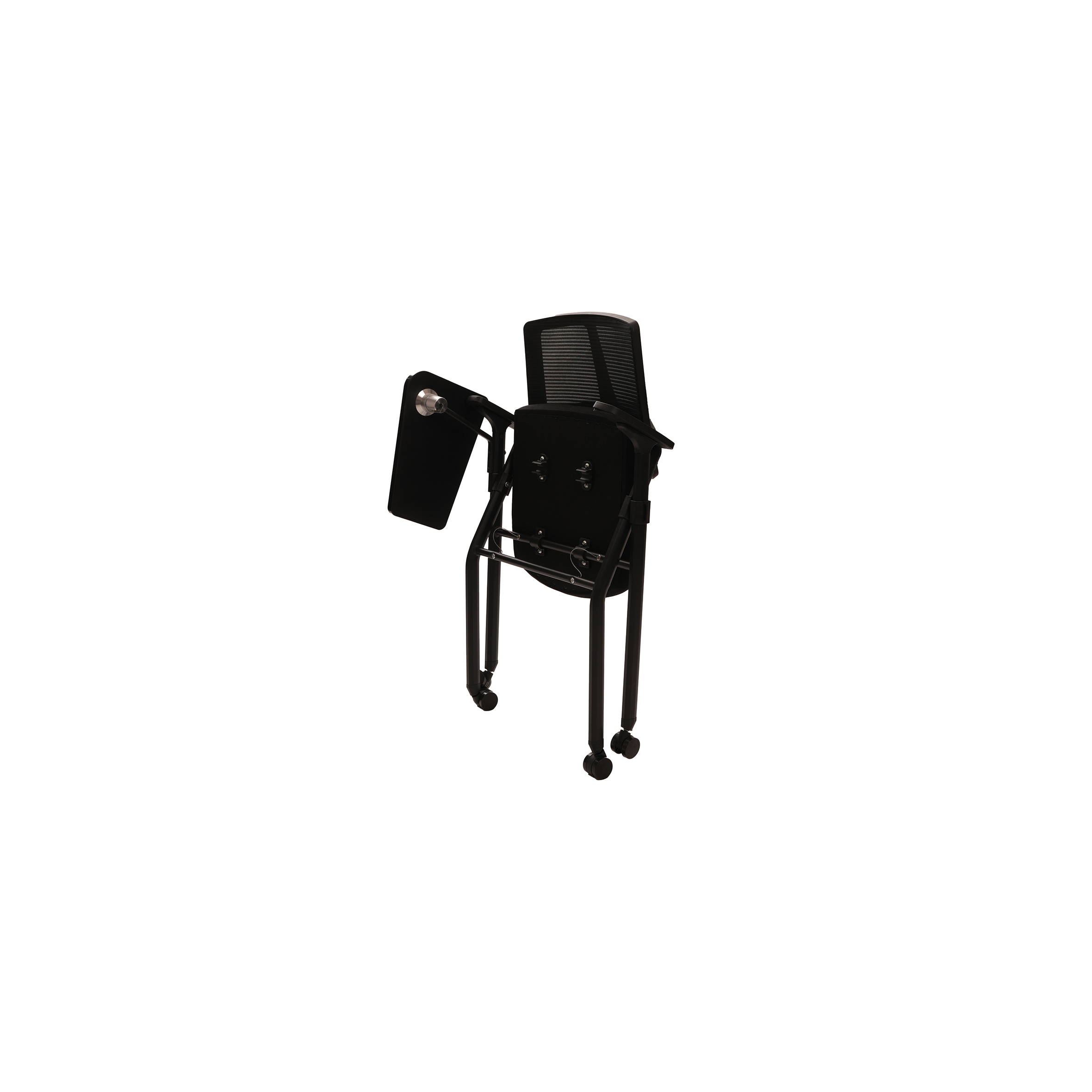A black folding chair with wheels and a mesh backrest, featuring an attached foldable writing tablet on the left arm, set against a white background.