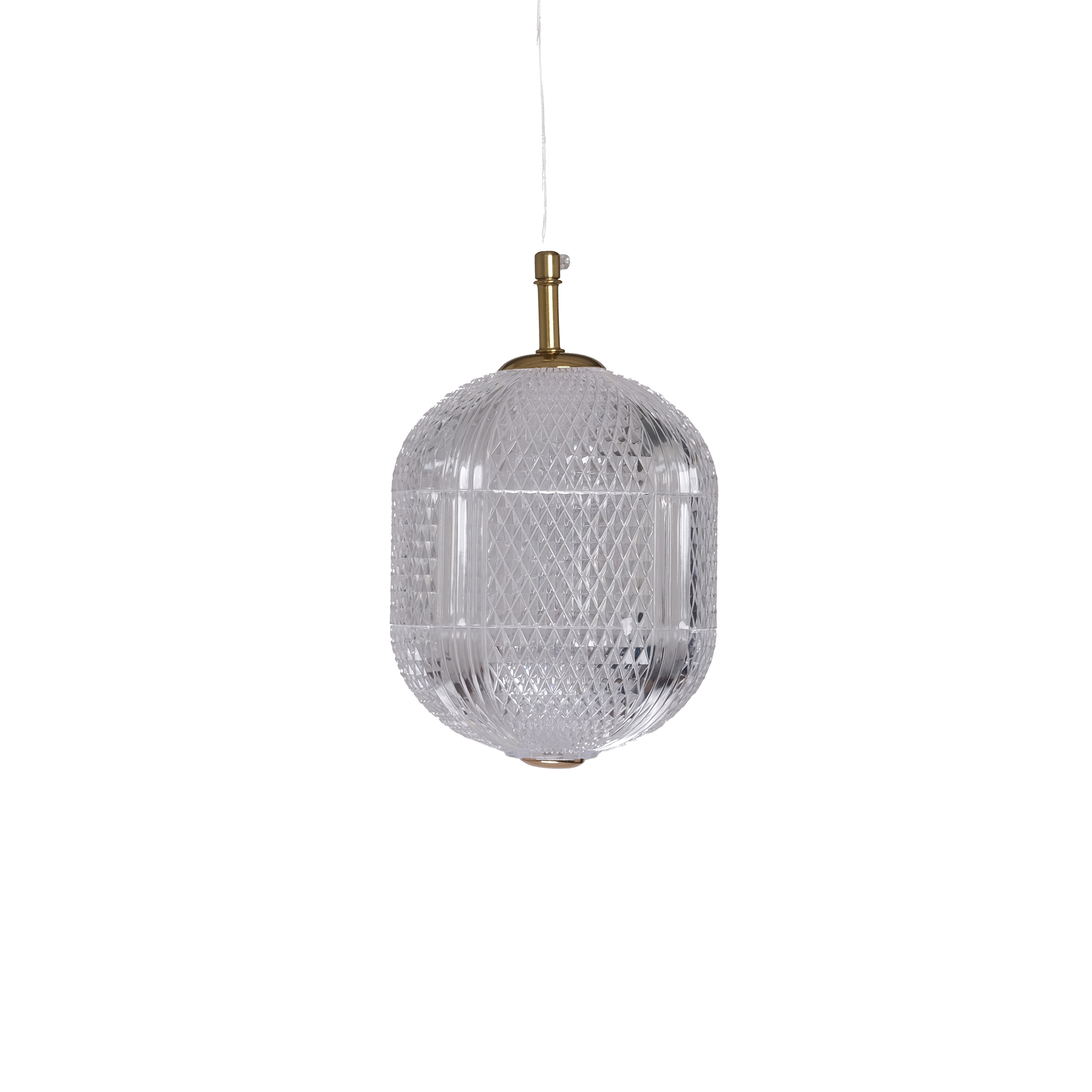 Hanging pendant light with a textured, clear glass shade featuring a diamond pattern. Brass fitting at the top adds a touch of elegance and sophistication.