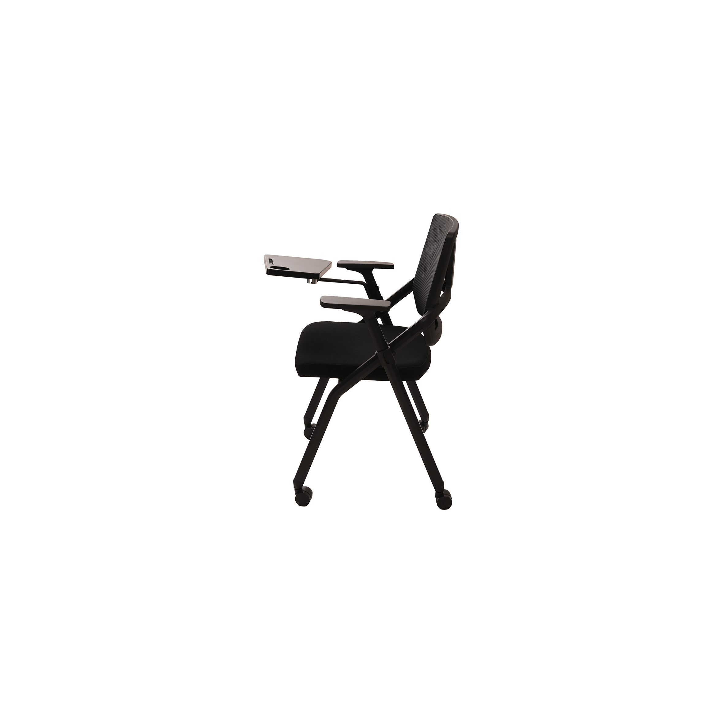 A black folding chair with wheels and a mesh backrest, featuring an attached foldable writing tablet on the left arm, set against a white background.