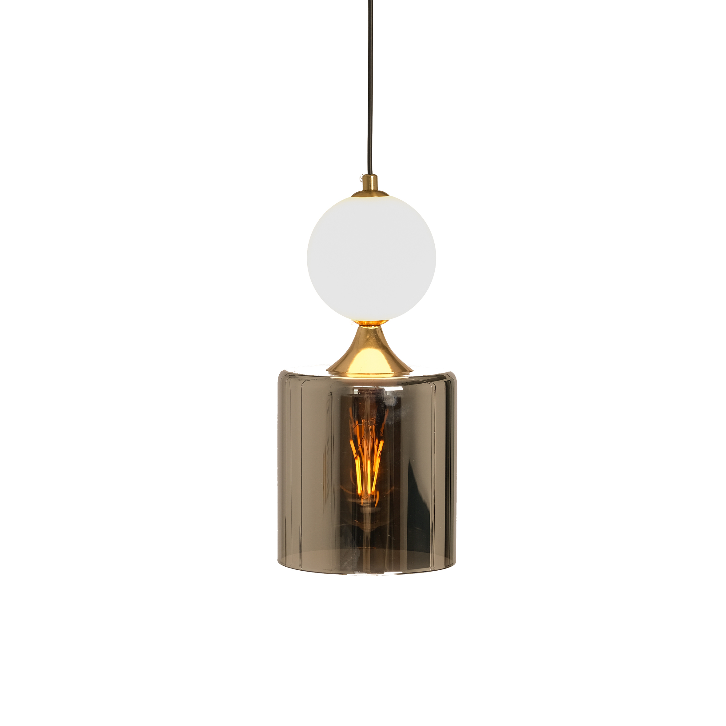 A modern pendant light with a round white top and a golden cylindrical base containing a glowing bulb, creating a warm, elegant ambiance.