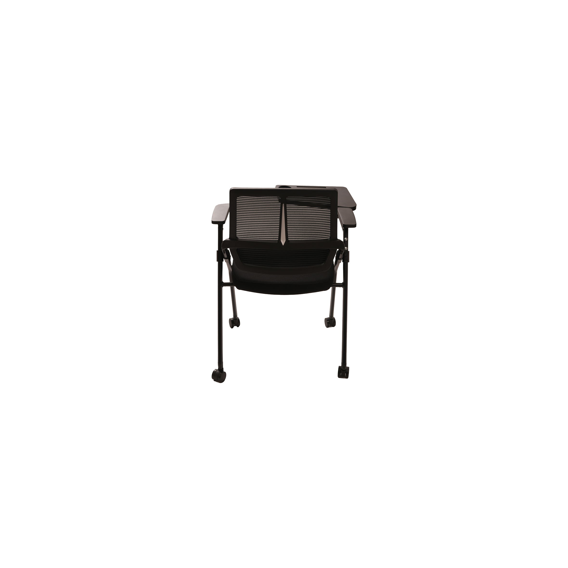A black folding chair with wheels and a mesh backrest, featuring an attached foldable writing tablet on the left arm, set against a white background.