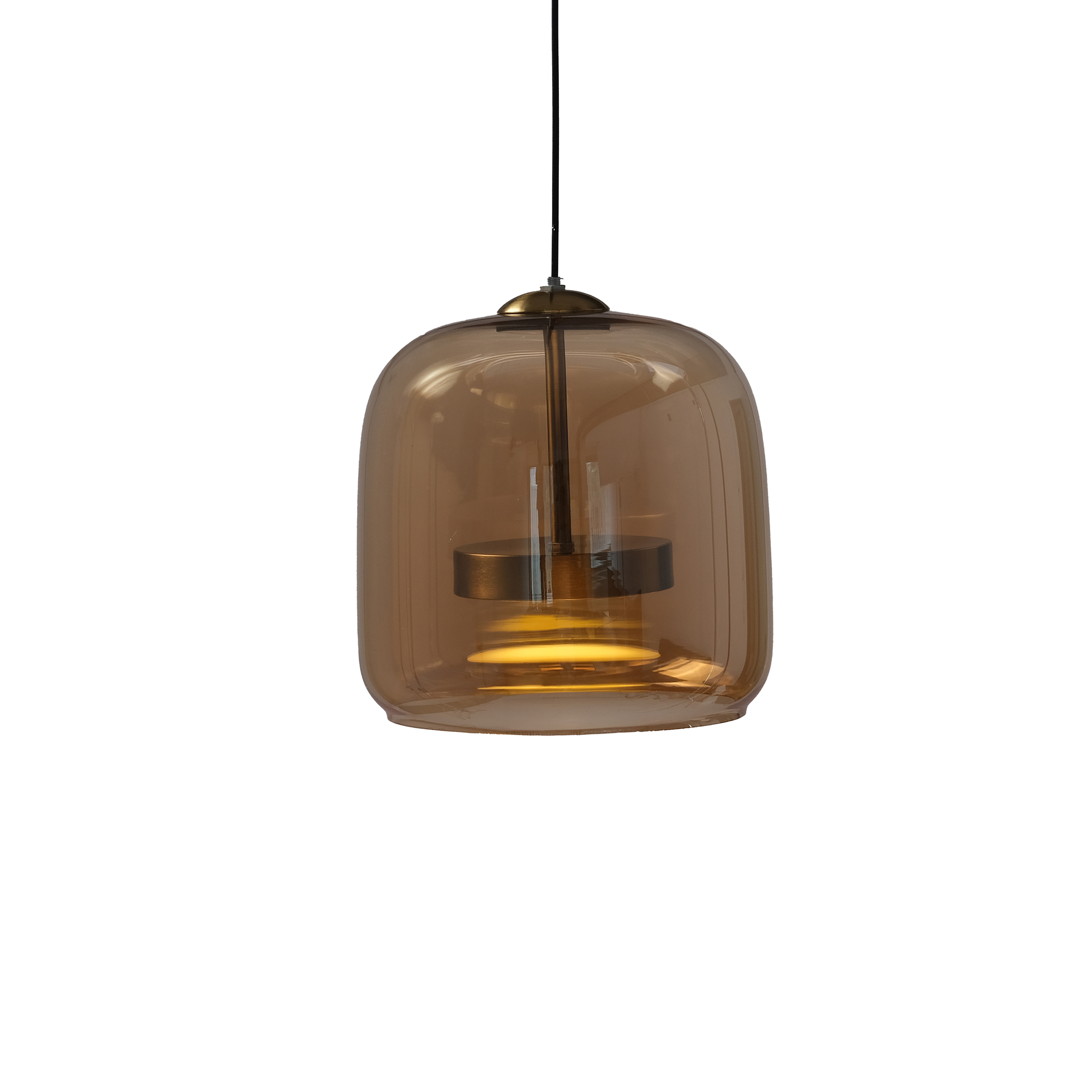 Hanging pendant lamp with amber glass shade and warm light, featuring a round metal fixture inside, conveying a modern and cozy ambiance.