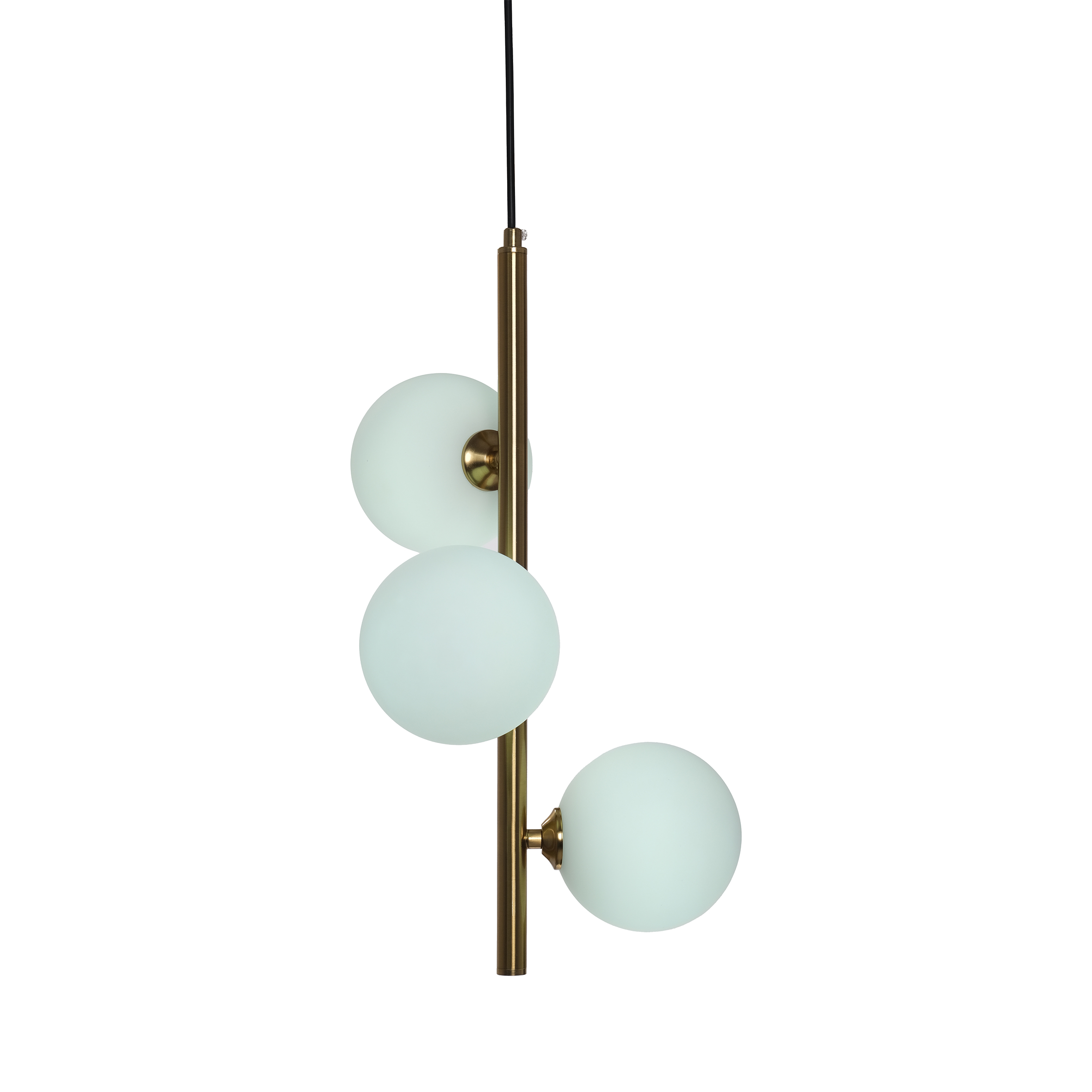 A modern pendant light featuring three frosted glass globes attached to a sleek brass rod. The design is minimalist and elegant, conveying a contemporary tone.