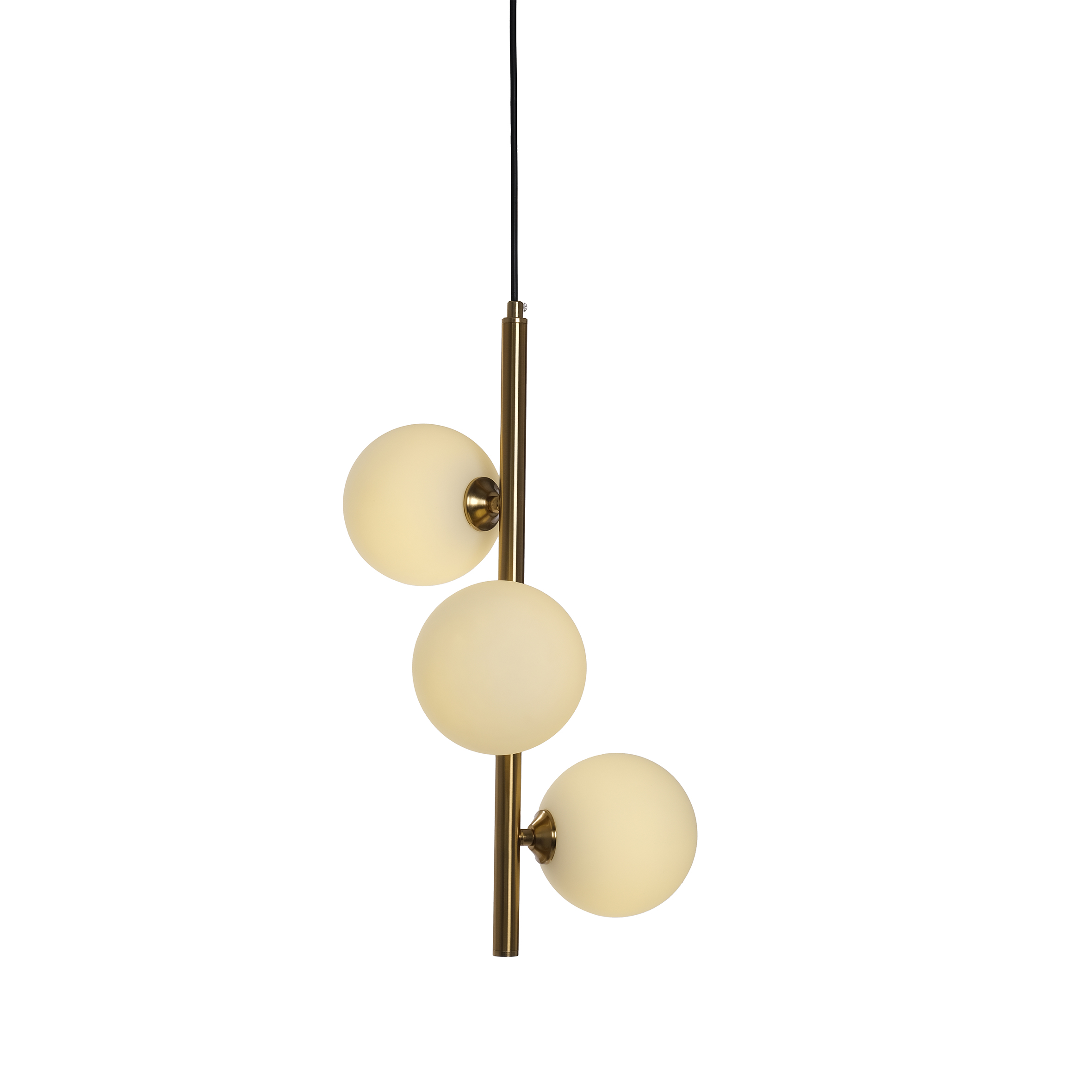 A modern pendant light featuring three frosted glass globes attached to a sleek brass rod. The design is minimalist and elegant, conveying a contemporary tone.