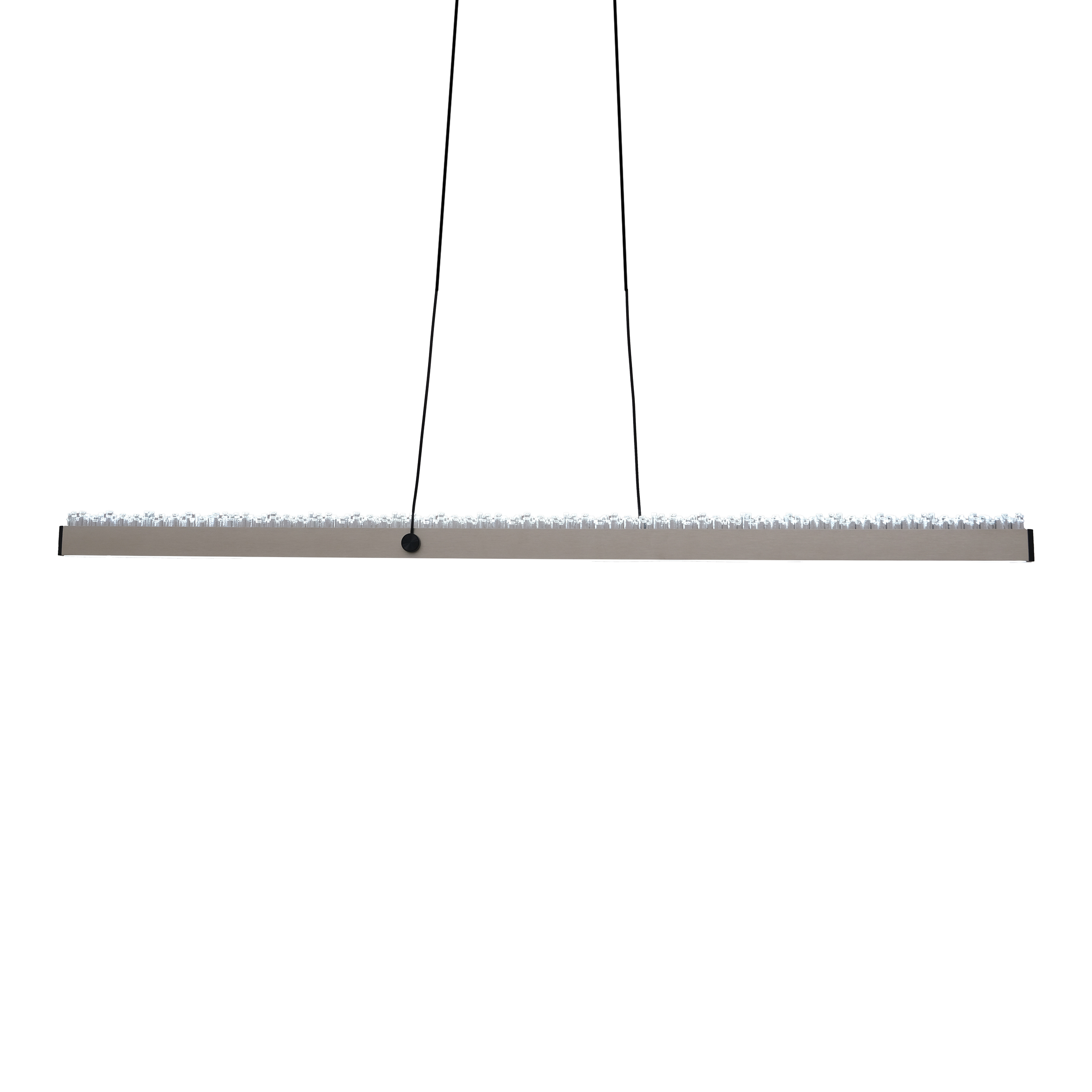 A sleek, horizontal LED light fixture with textured ice-like design on top, suspended by thin black cables against a white background, conveying a modern aesthetic.