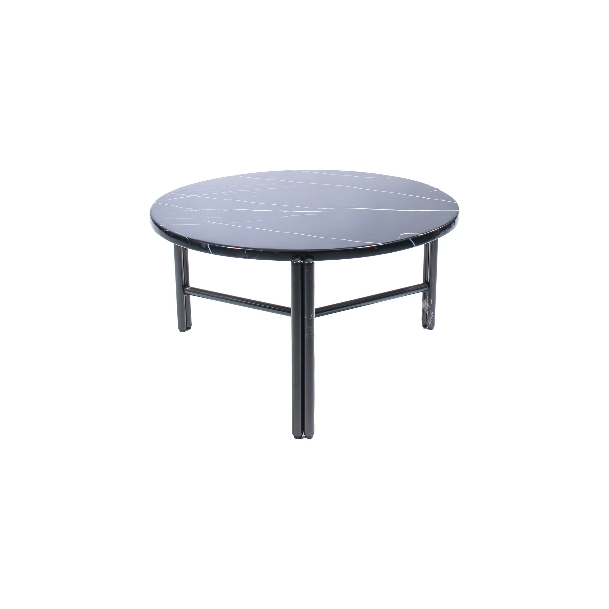 Round black marble coffee table with subtle white veining, supported by sleek, black metal legs. Modern and elegant design, simple yet stylish.