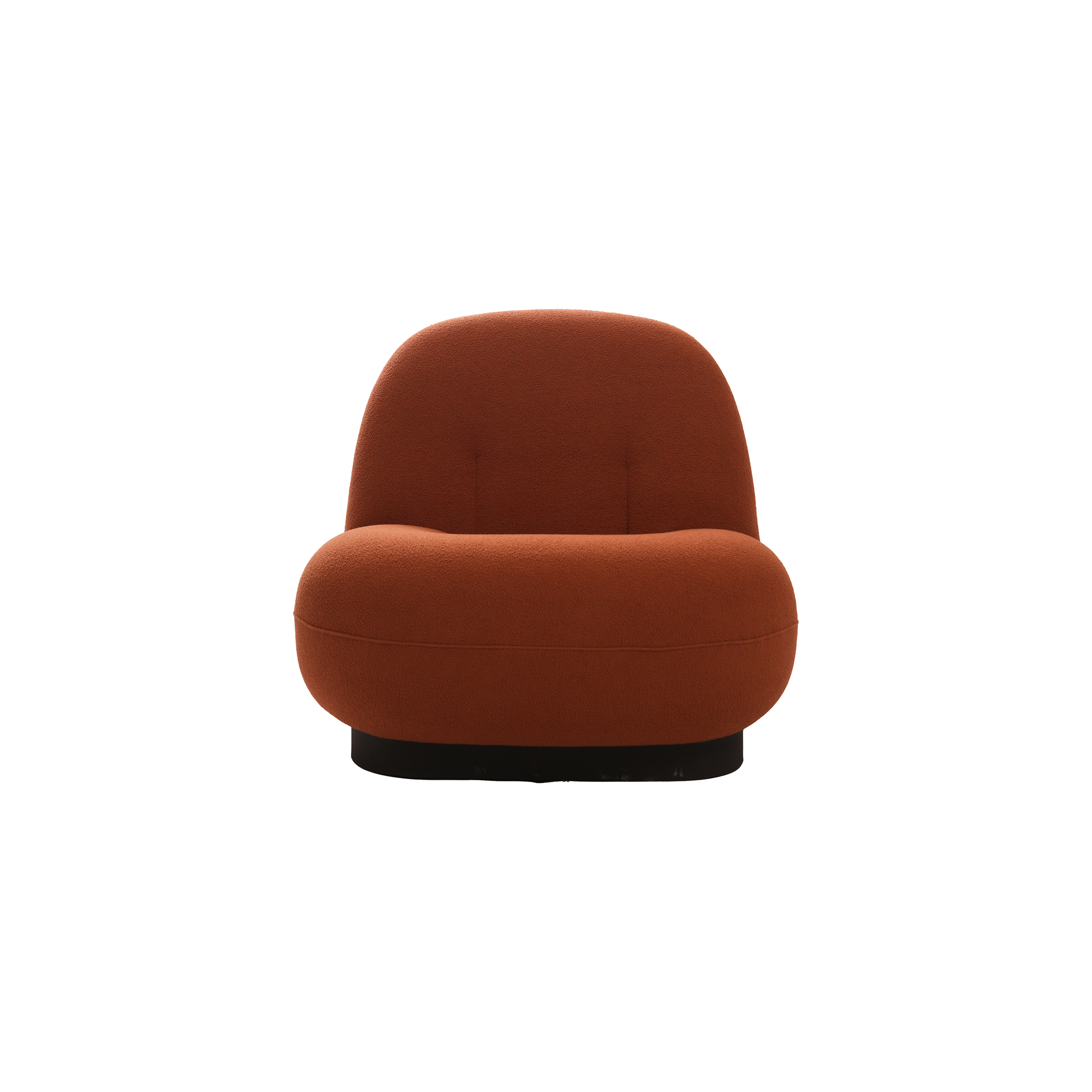 A modern armchair with a rounded, cushioned design is upholstered in rich, rust-colored fabric, conveying a cozy and inviting feel.