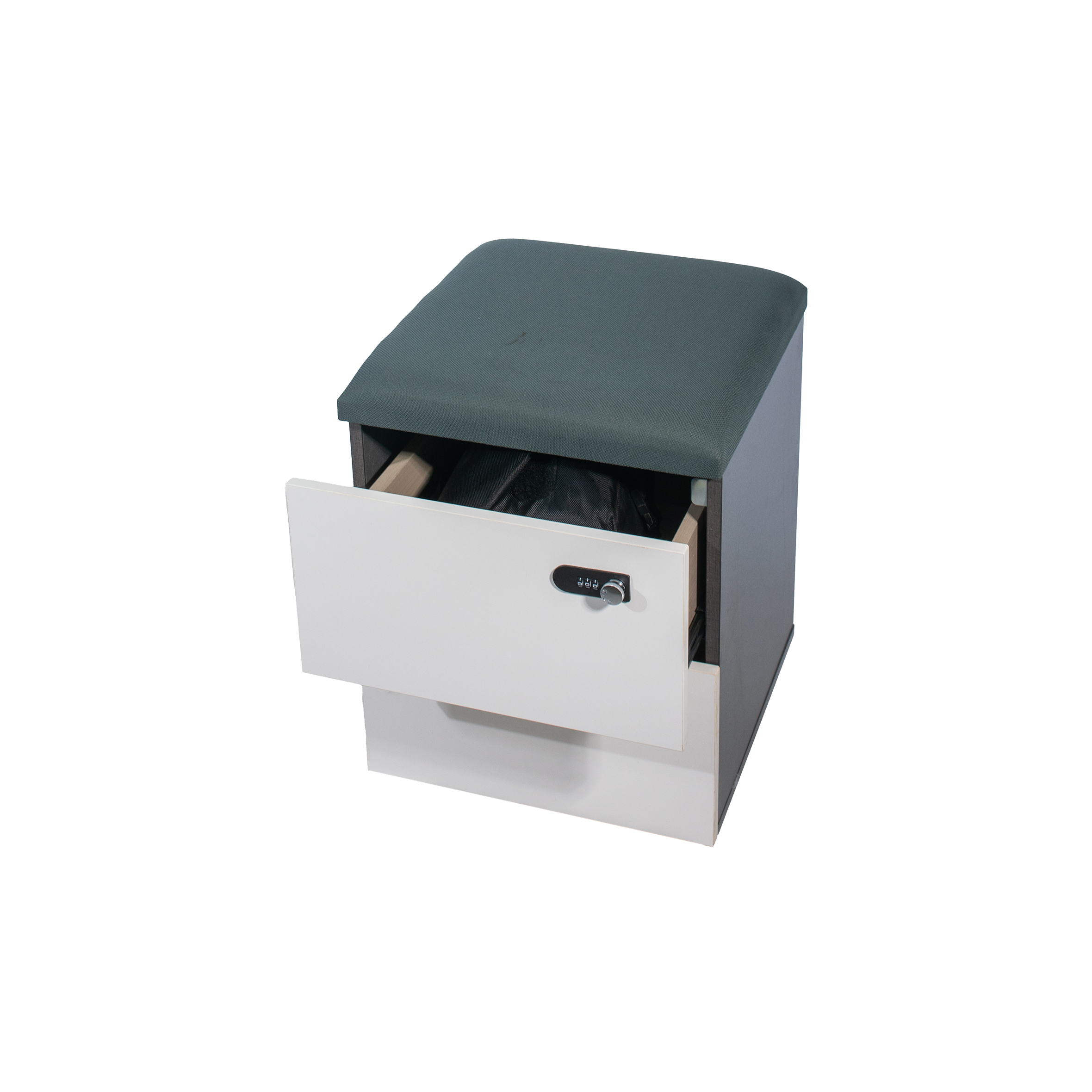 White rolling cabinet with a cushioned top, featuring two lockable drawers and wheels at the bottom. Sleek and modern design.