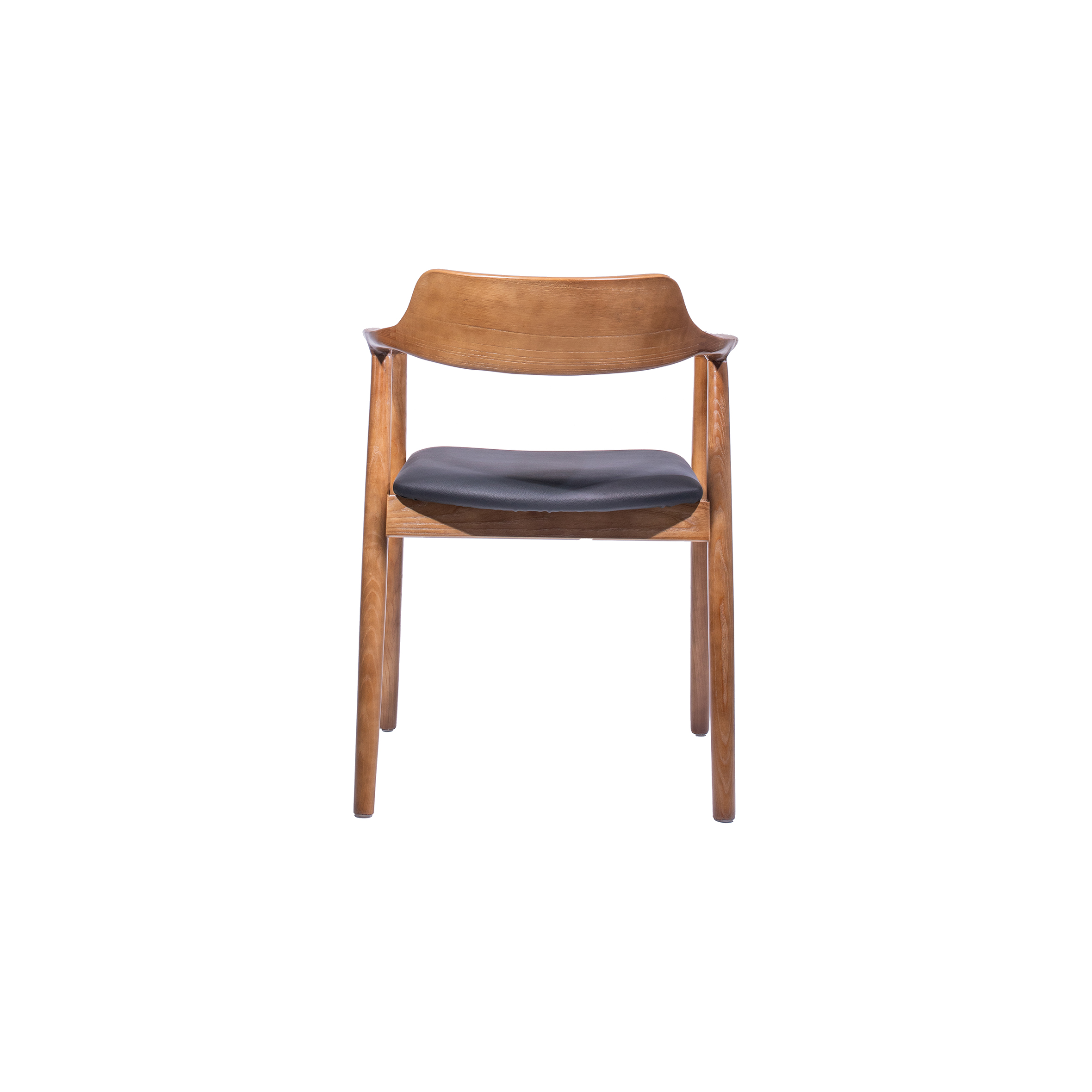 Mid-century modern chair with a curved wooden frame and black cushioned seat. The design is sleek and elegant, conveying a minimalist aesthetic.