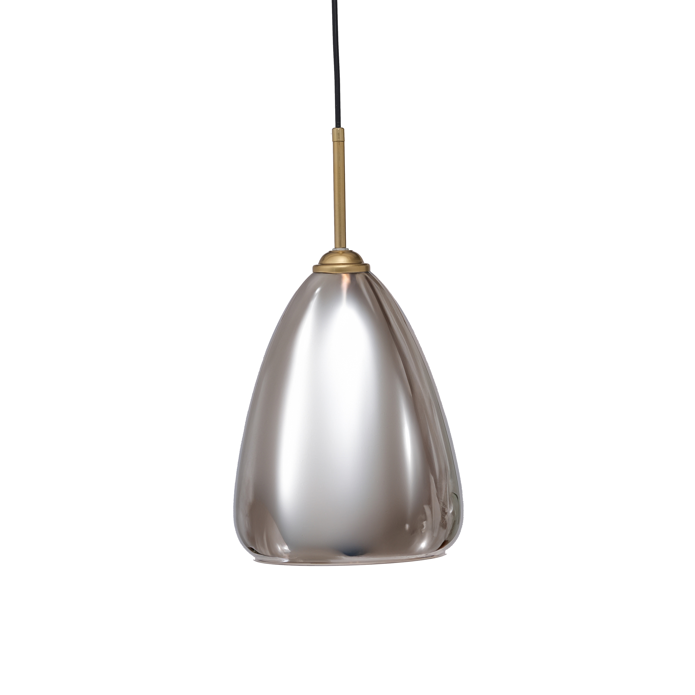 Sleek pendant light with a smooth, metallic silver teardrop-shaped shade. It features an elegant brass holder and a thin black cord, exuding modern sophistication.