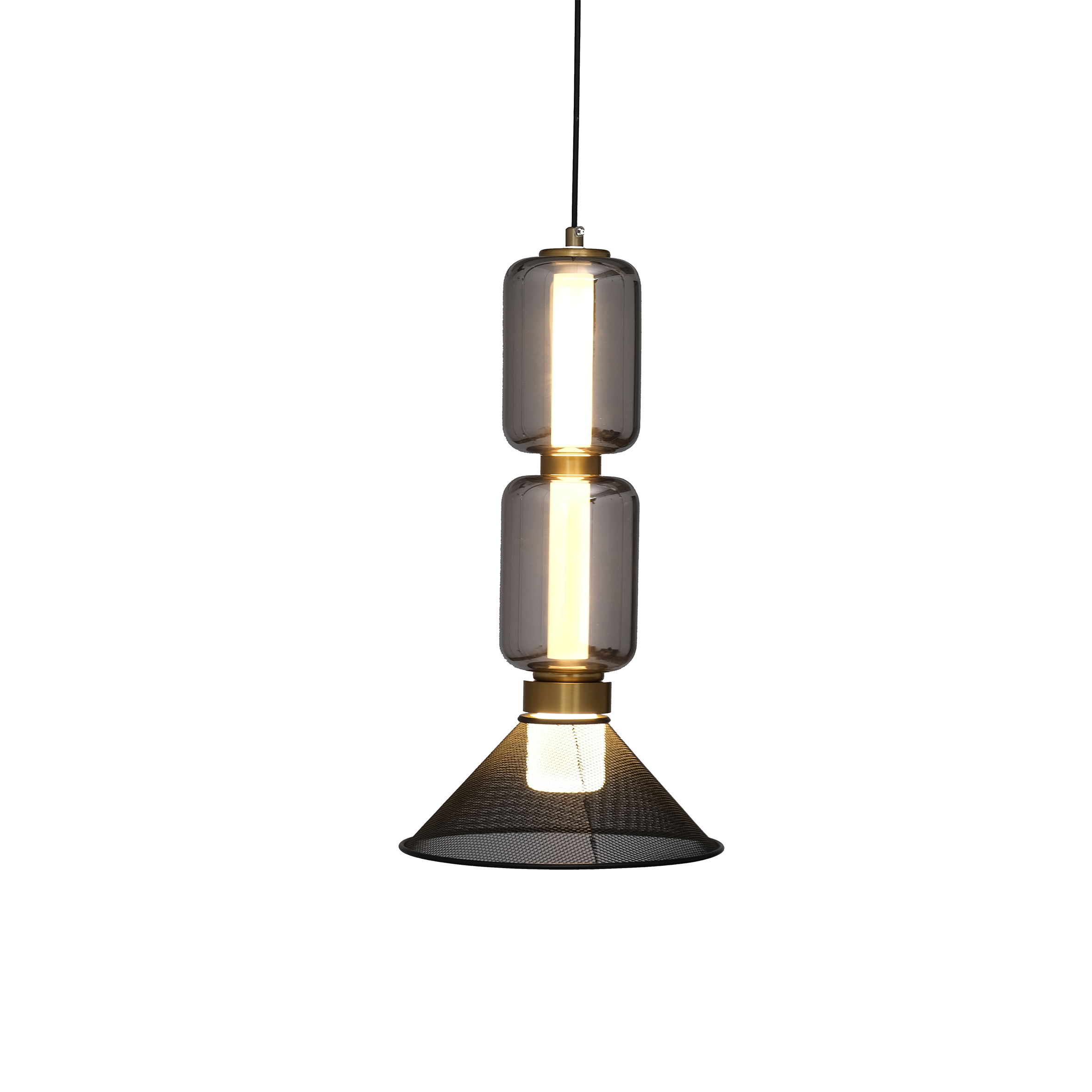 Modern pendant light with two cylindrical, smoked glass sections housing glowing bulbs, above a black mesh conical shade. Sleek and contemporary design.