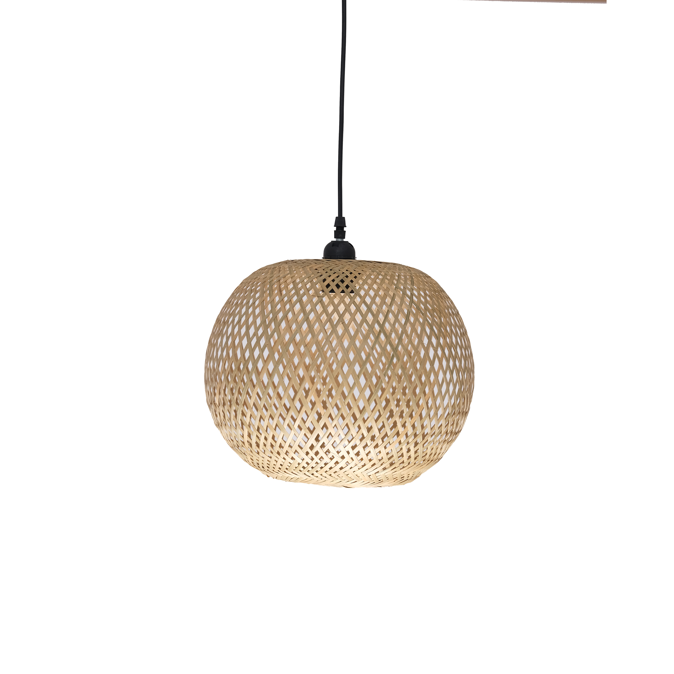 Woven bamboo pendant light with a spherical shape hangs from a black cord. The intricate crisscross pattern creates a warm, natural, and cozy ambiance.