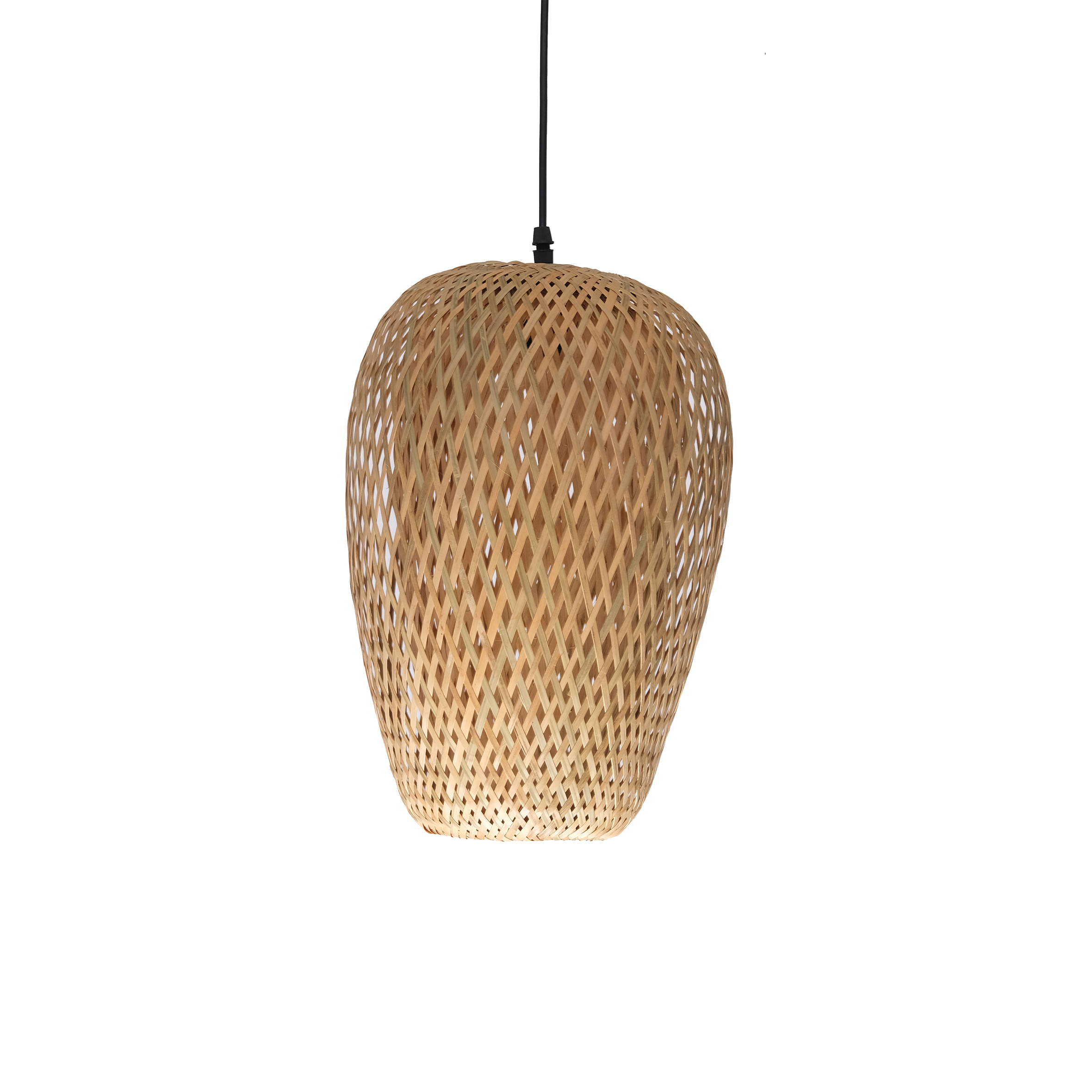 Woven rattan pendant light with a black cord, featuring a bulbous shape and intricate crisscross pattern, creating a warm, rustic aesthetic.