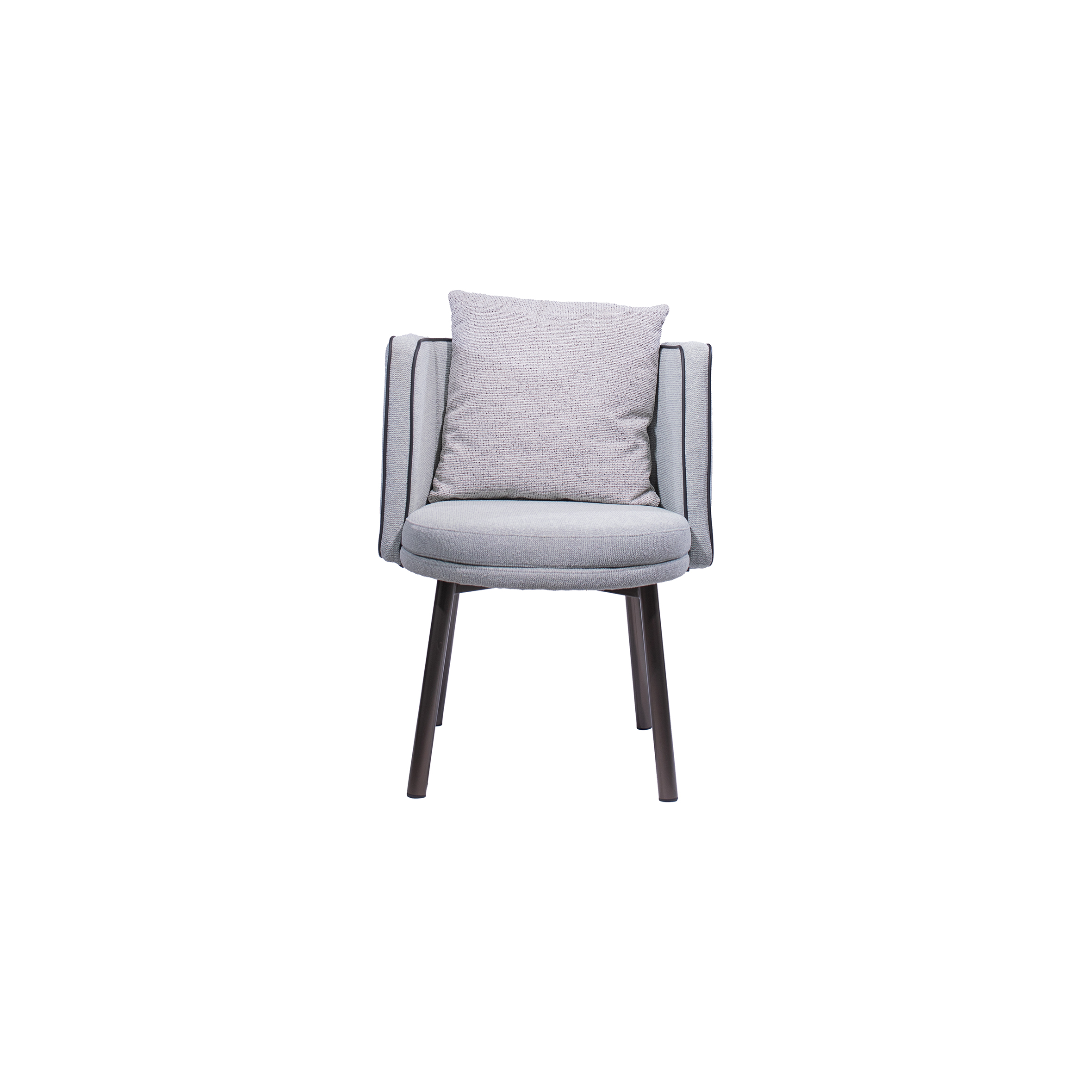 A modern gray armchair with black legs, featuring a matching textured cushion. The chair is minimalist, conveying a sleek and contemporary design.