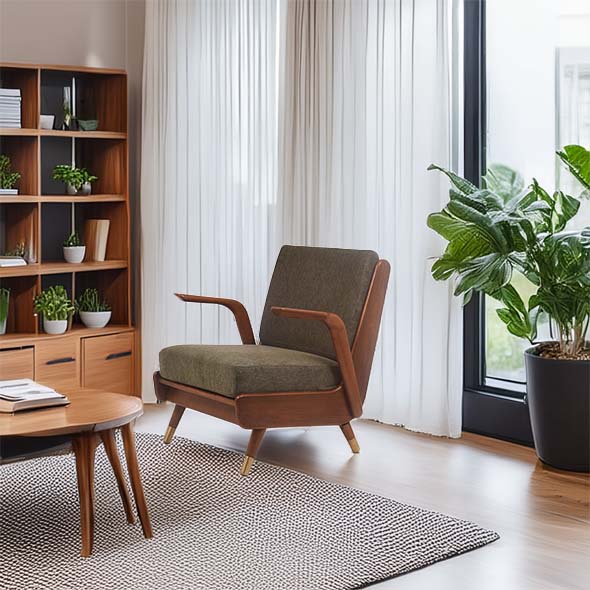 Mid-century modern living room with a wooden armchair, olive cushions, white curtains, large potted plant, wooden shelves, and a cozy rug.