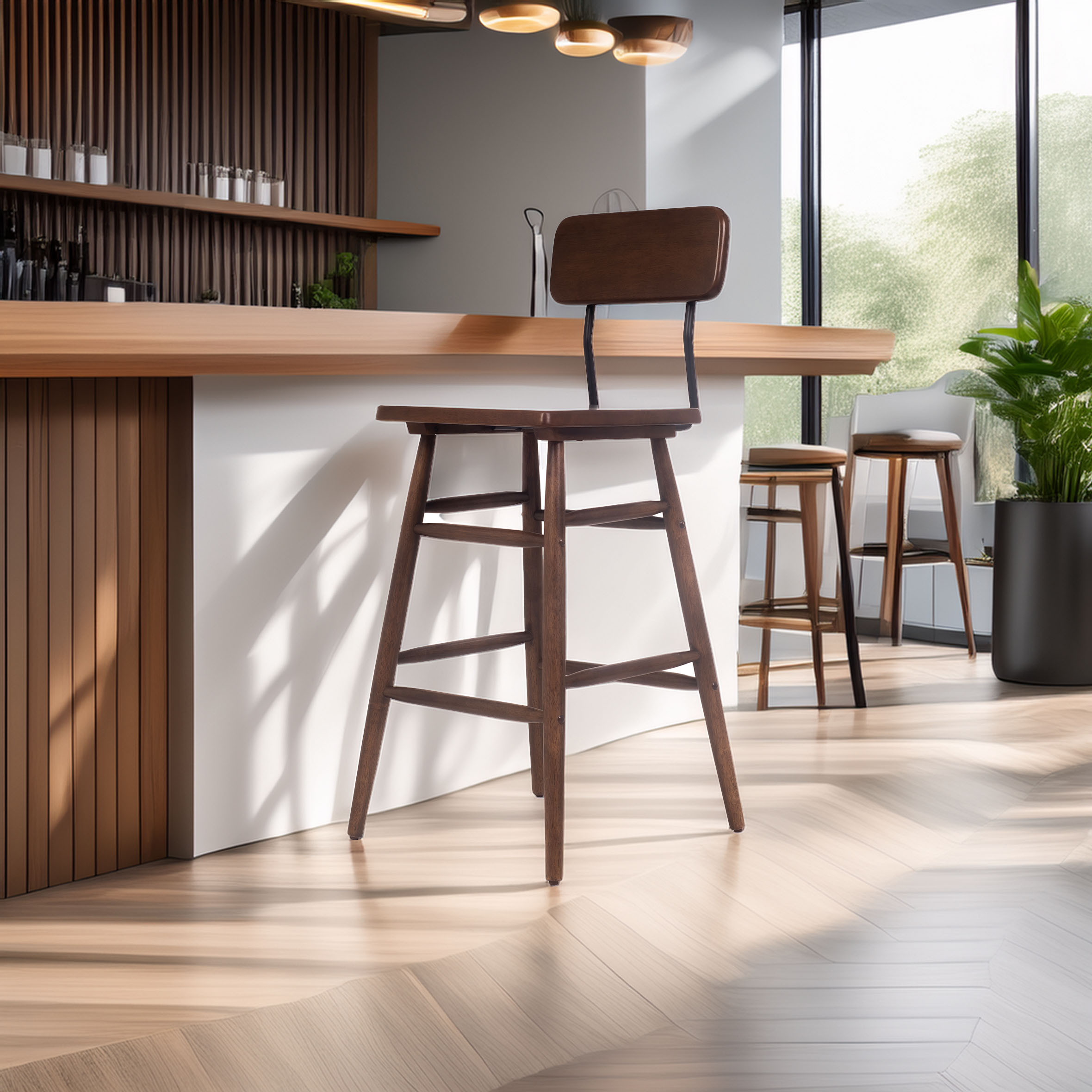 A stylish modern kitchen with a wooden barstool in front. Warm lighting, wood paneling, and greenery create a cozy, inviting atmosphere.