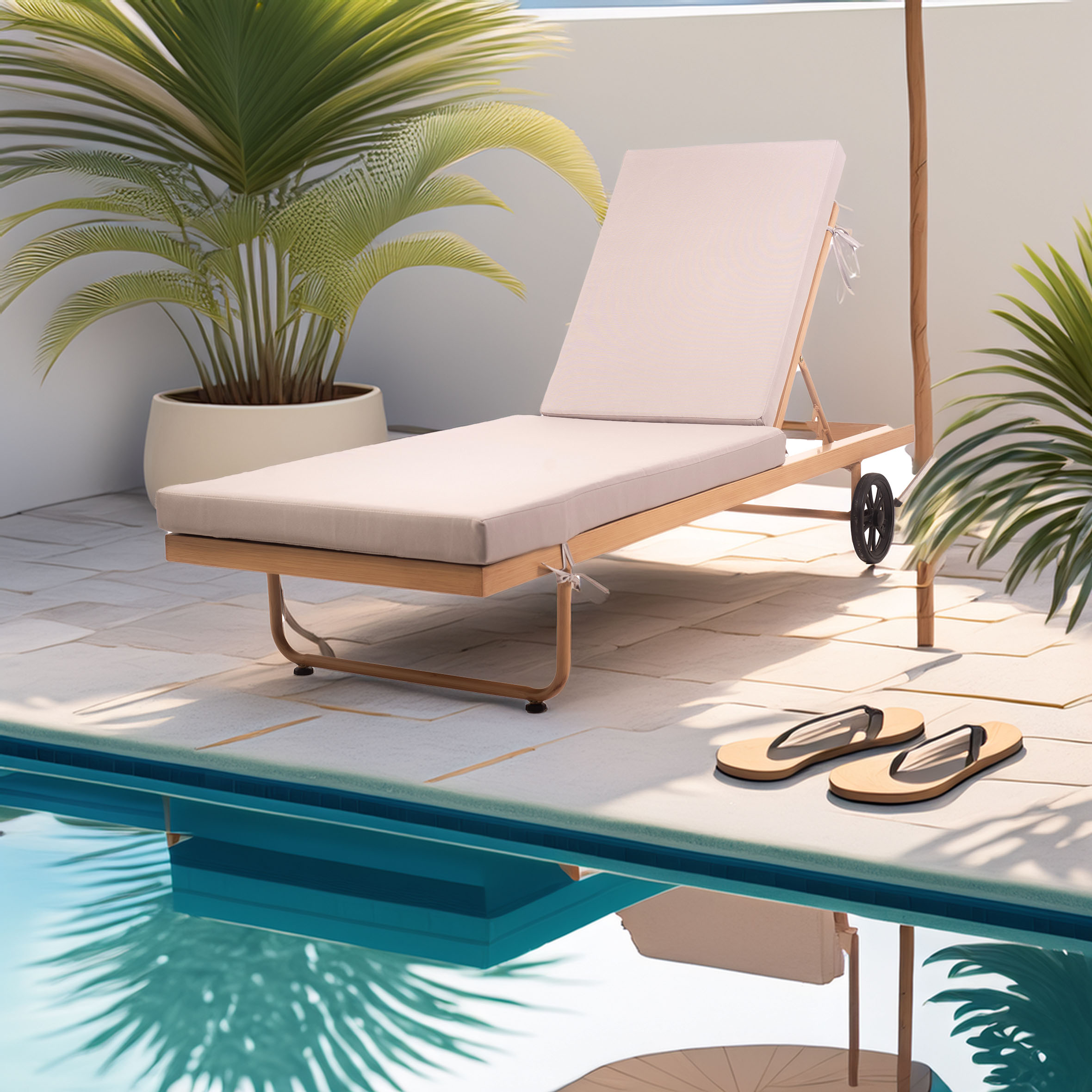 Lounger with white cushion beside a pool, surrounded by potted palm plants on sunlit tiles. Black flip-flops lie nearby. Relaxing, sunny vibe.