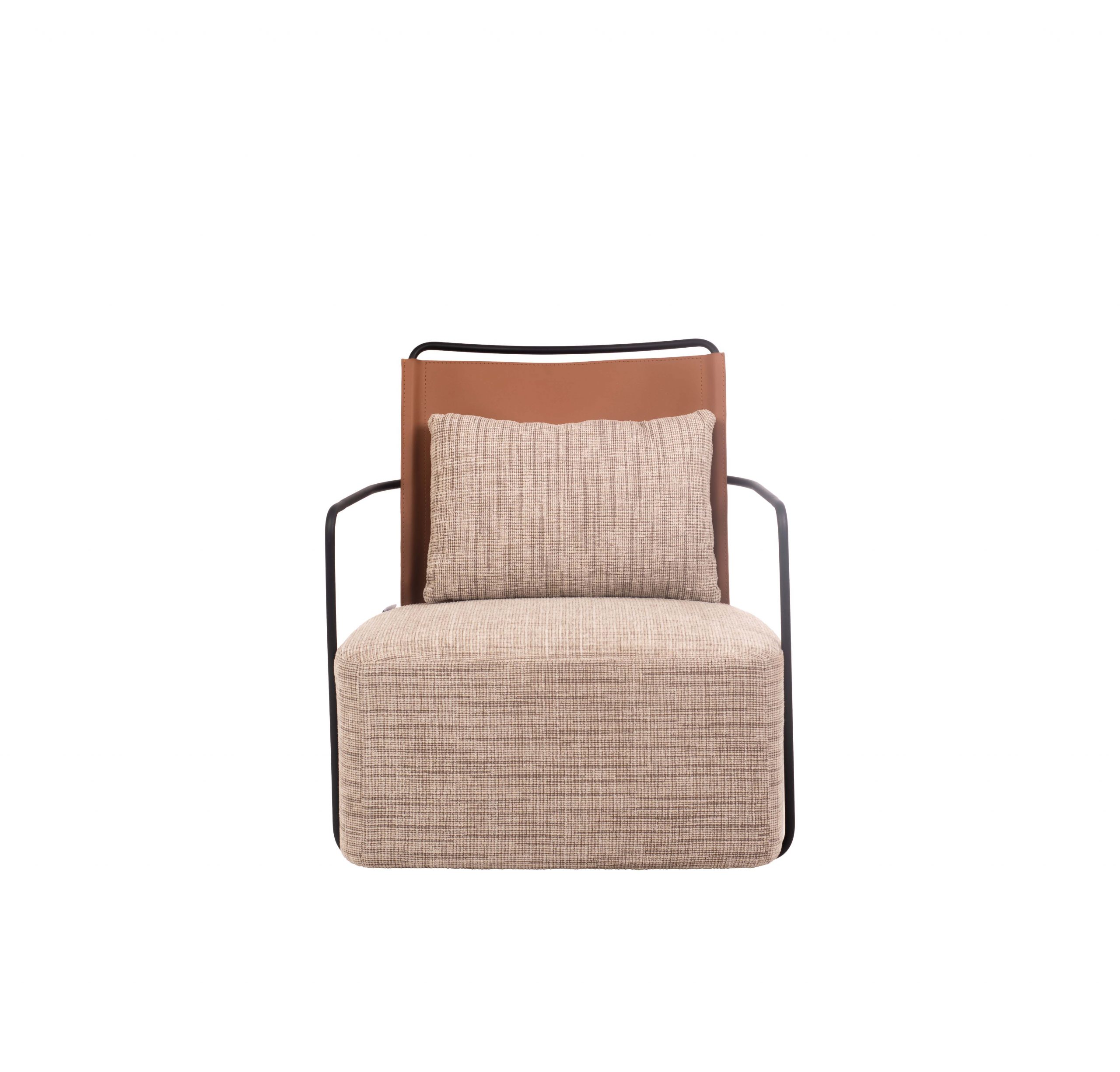 A modern beige fabric armchair with a brown leather backrest and black metal arms. It features a matching textured cushion, creating a cozy, contemporary look.