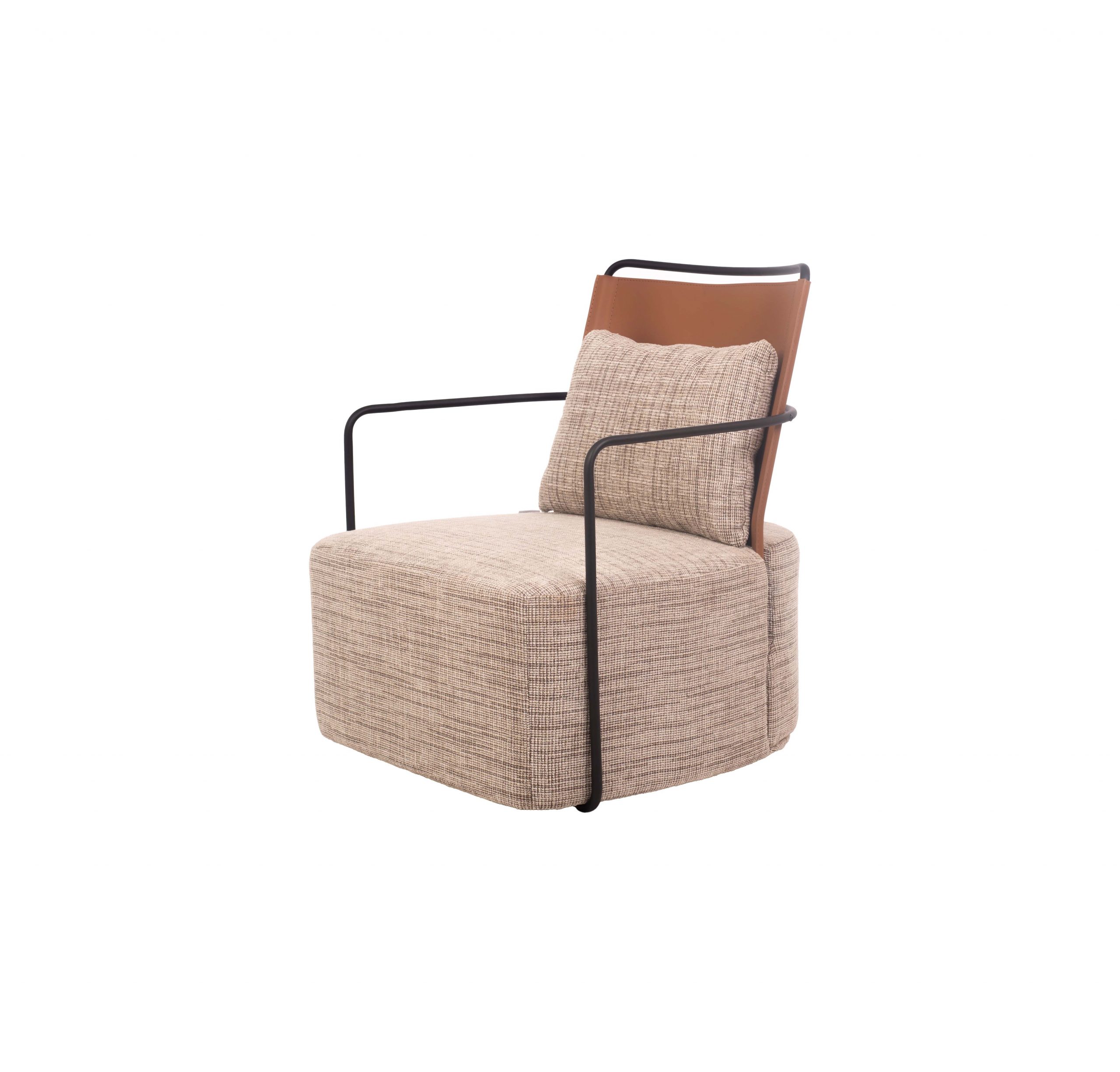 A modern beige fabric armchair with a brown leather backrest and black metal arms. It features a matching textured cushion, creating a cozy, contemporary look.