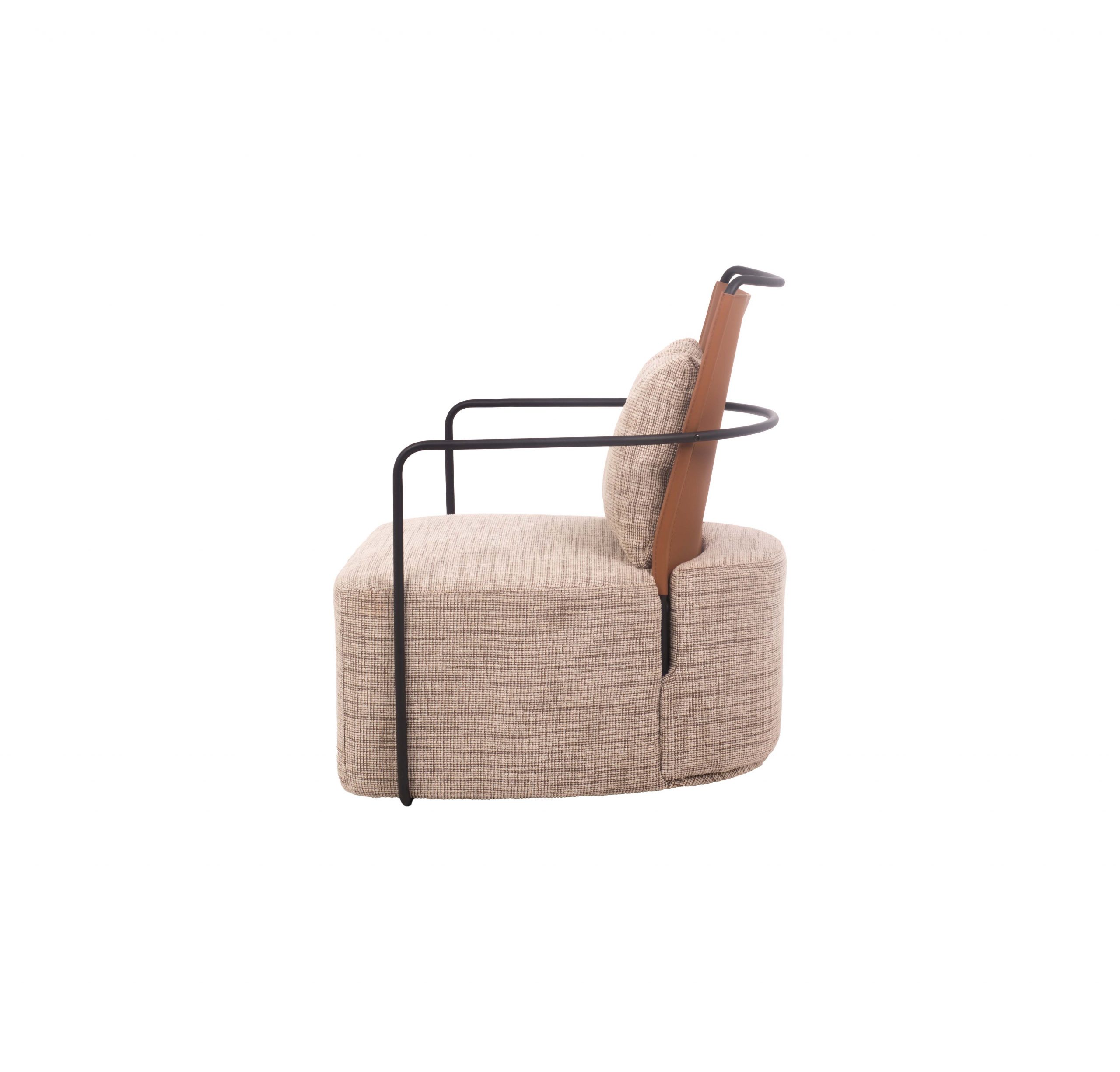 A modern beige fabric armchair with a brown leather backrest and black metal arms. It features a matching textured cushion, creating a cozy, contemporary look.