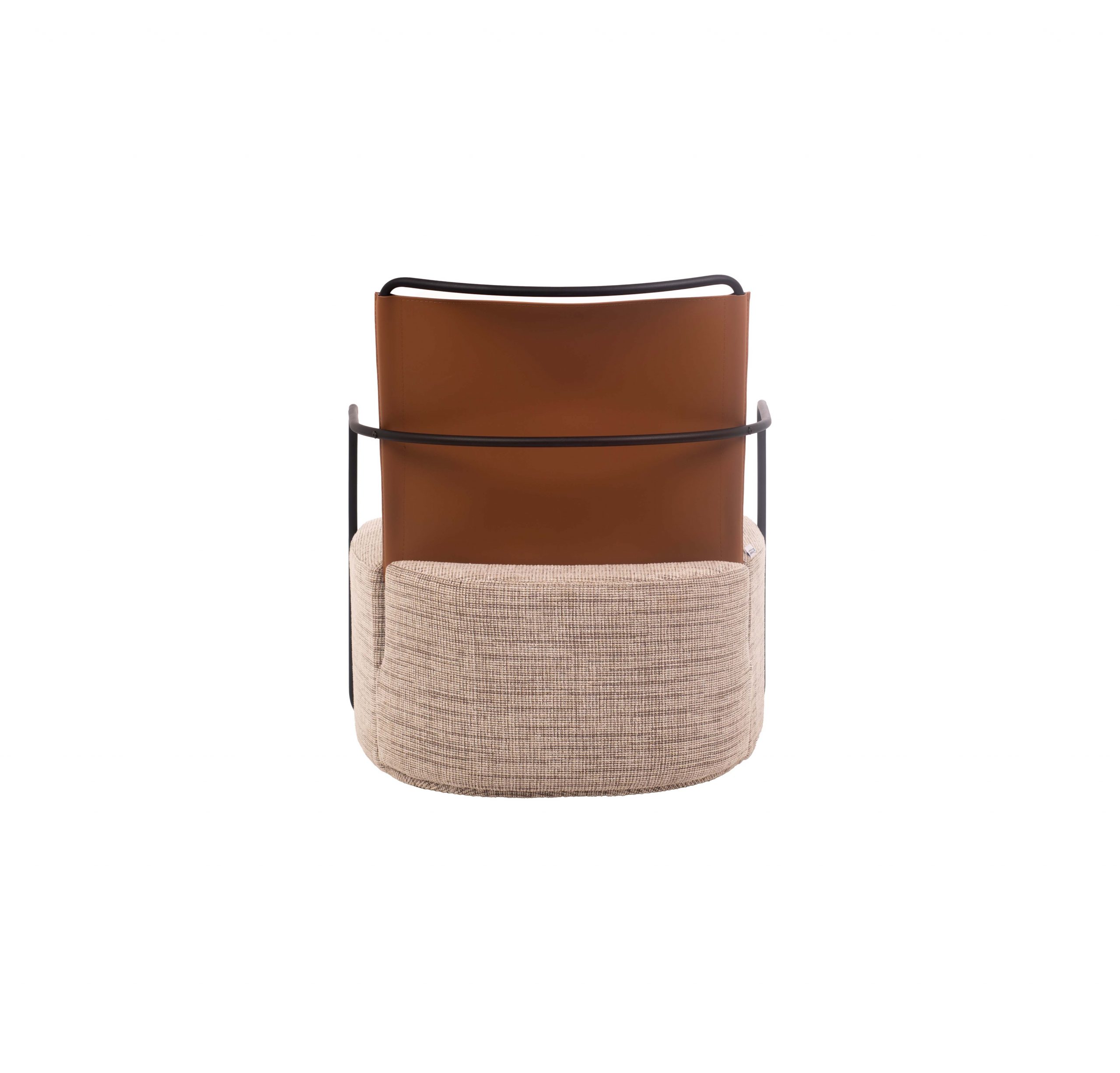A modern beige fabric armchair with a brown leather backrest and black metal arms. It features a matching textured cushion, creating a cozy, contemporary look.