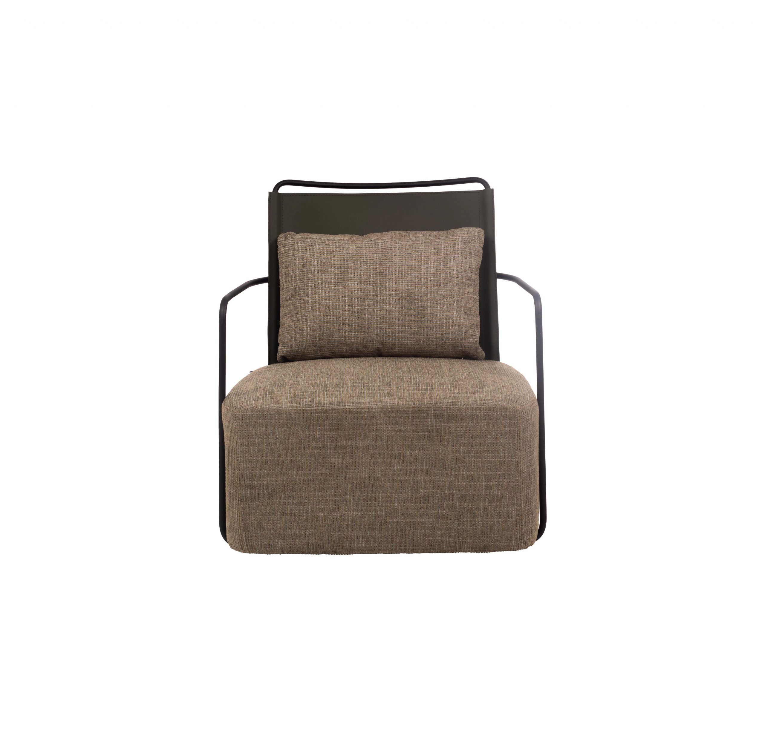 Cushioned armchair with a sleek black metal frame. The seat and back cushions are covered in textured green fabric, conveying a modern, cozy feel.