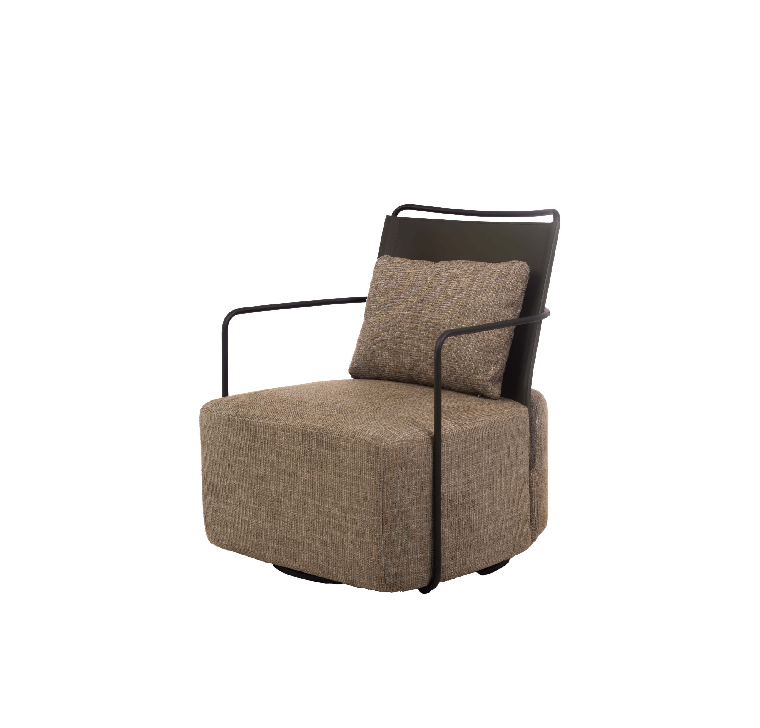 Cushioned armchair with a sleek black metal frame. The seat and back cushions are covered in textured green fabric, conveying a modern, cozy feel.