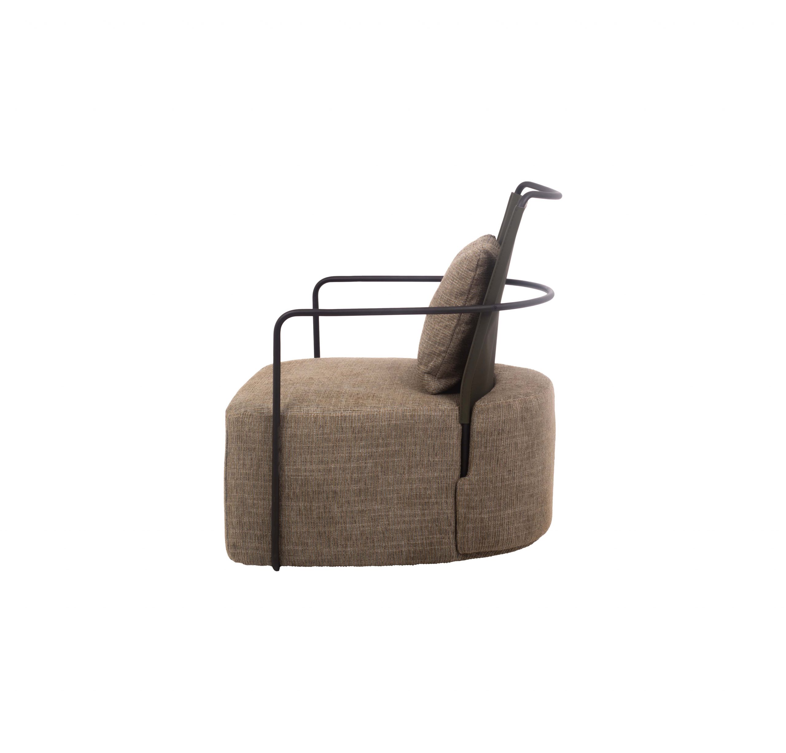 Cushioned armchair with a sleek black metal frame. The seat and back cushions are covered in textured green fabric, conveying a modern, cozy feel.